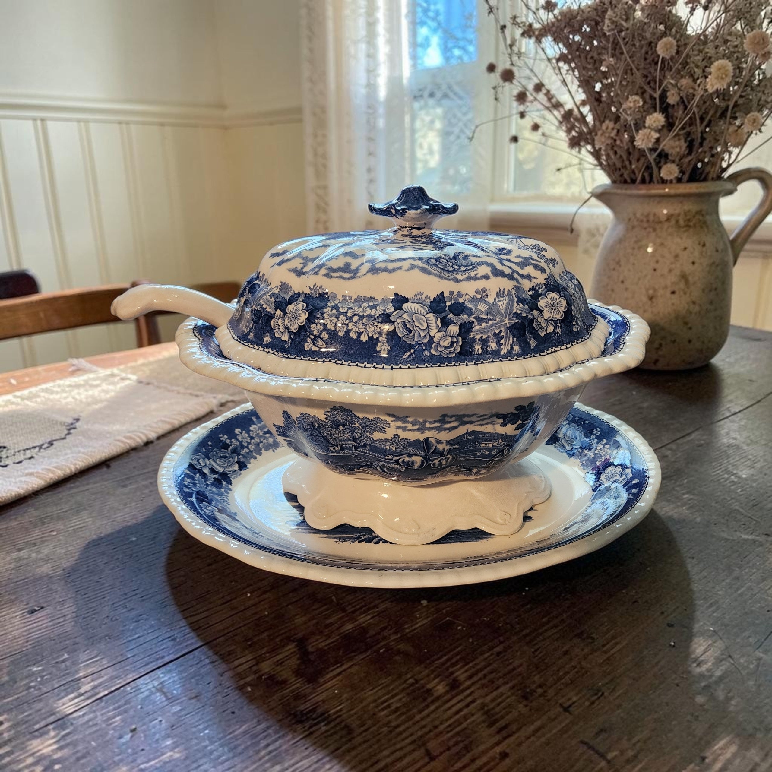 Vintage Adams Blue Transferware English Scenic Soup Tureen Set with Ladle
