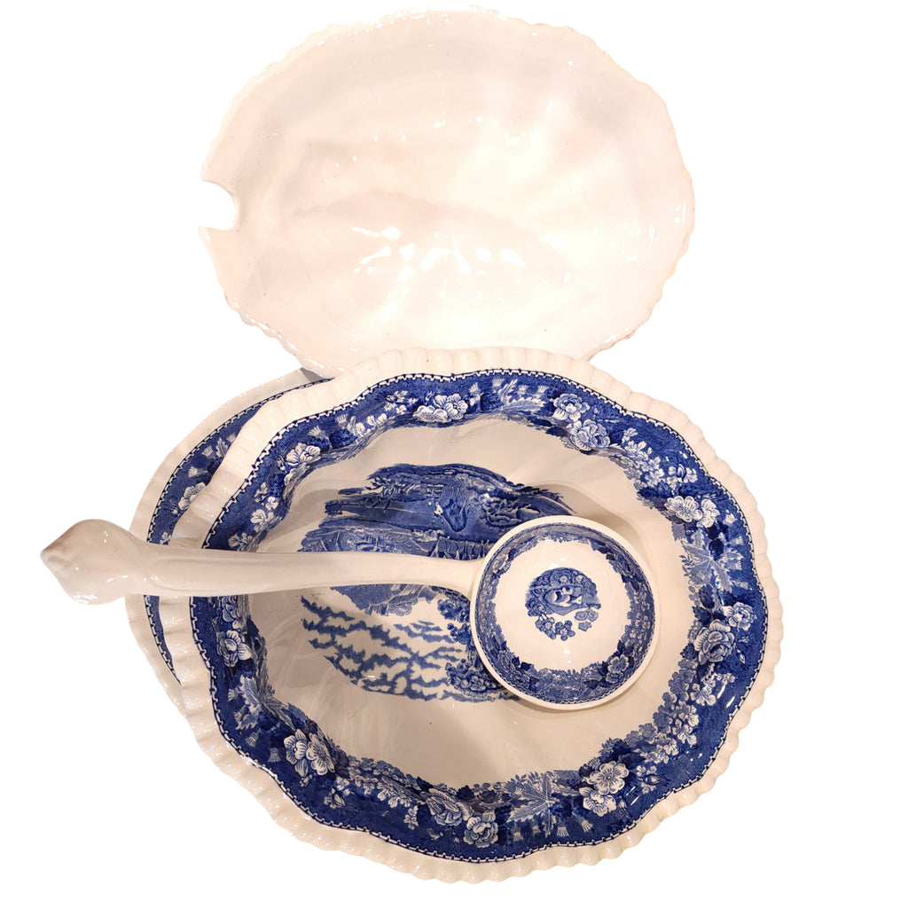 Vintage Adams Blue Transferware English Scenic Soup Tureen Set with Ladle