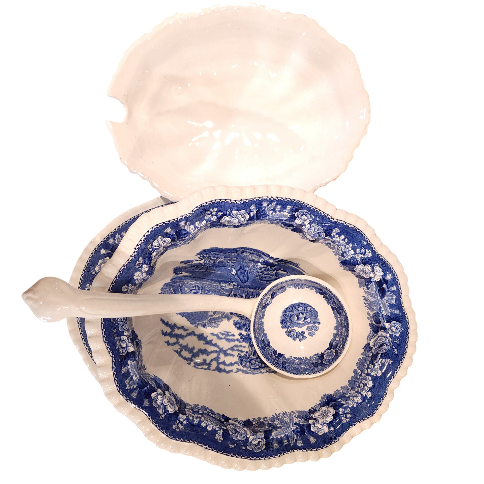 Vintage Adams Blue Transferware English Scenic Soup Tureen Set with Ladle