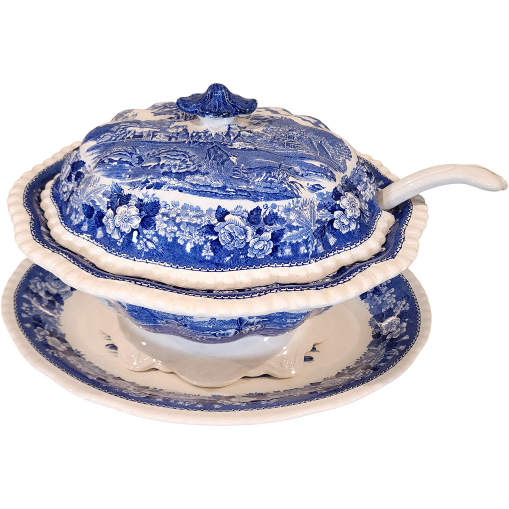 Vintage Adams Blue Transferware English Scenic Soup Tureen Set with Ladle