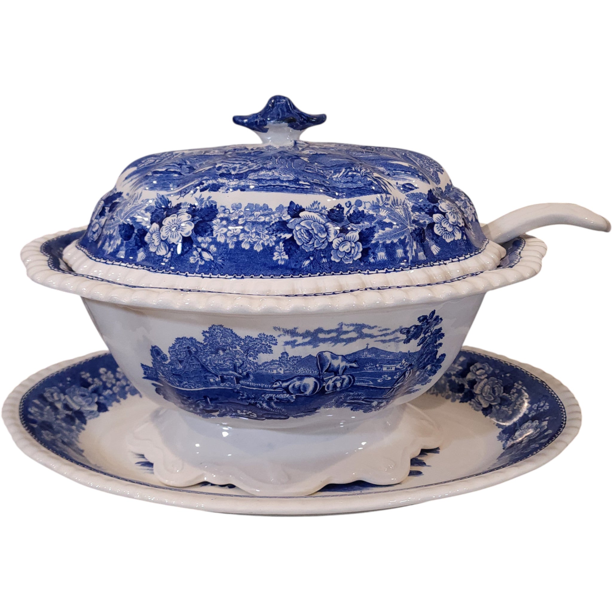 Vintage Adams Blue Transferware English Scenic Soup Tureen Set with Ladle