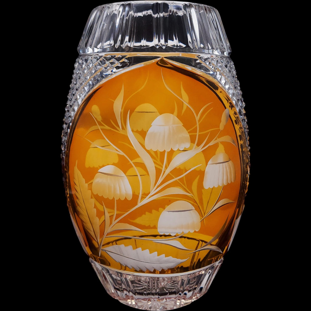 Vintage Julia Crystal Amber Cut to Clear Crystal Floral Oval Vase