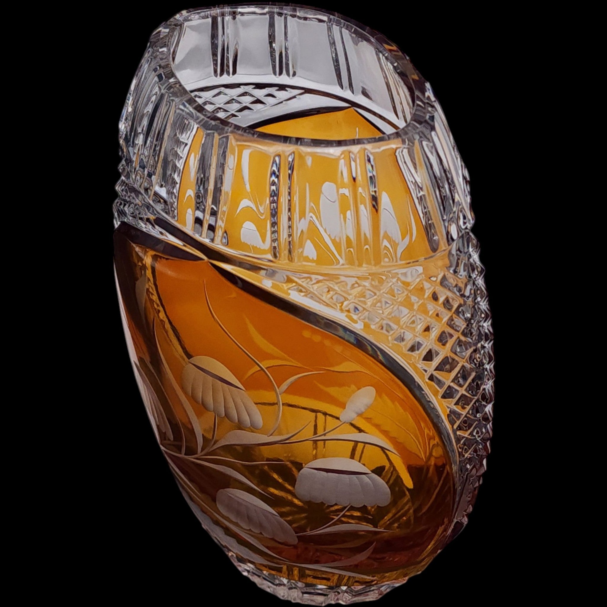 Vintage Julia Crystal Amber Cut to Clear Crystal Floral Oval Vase