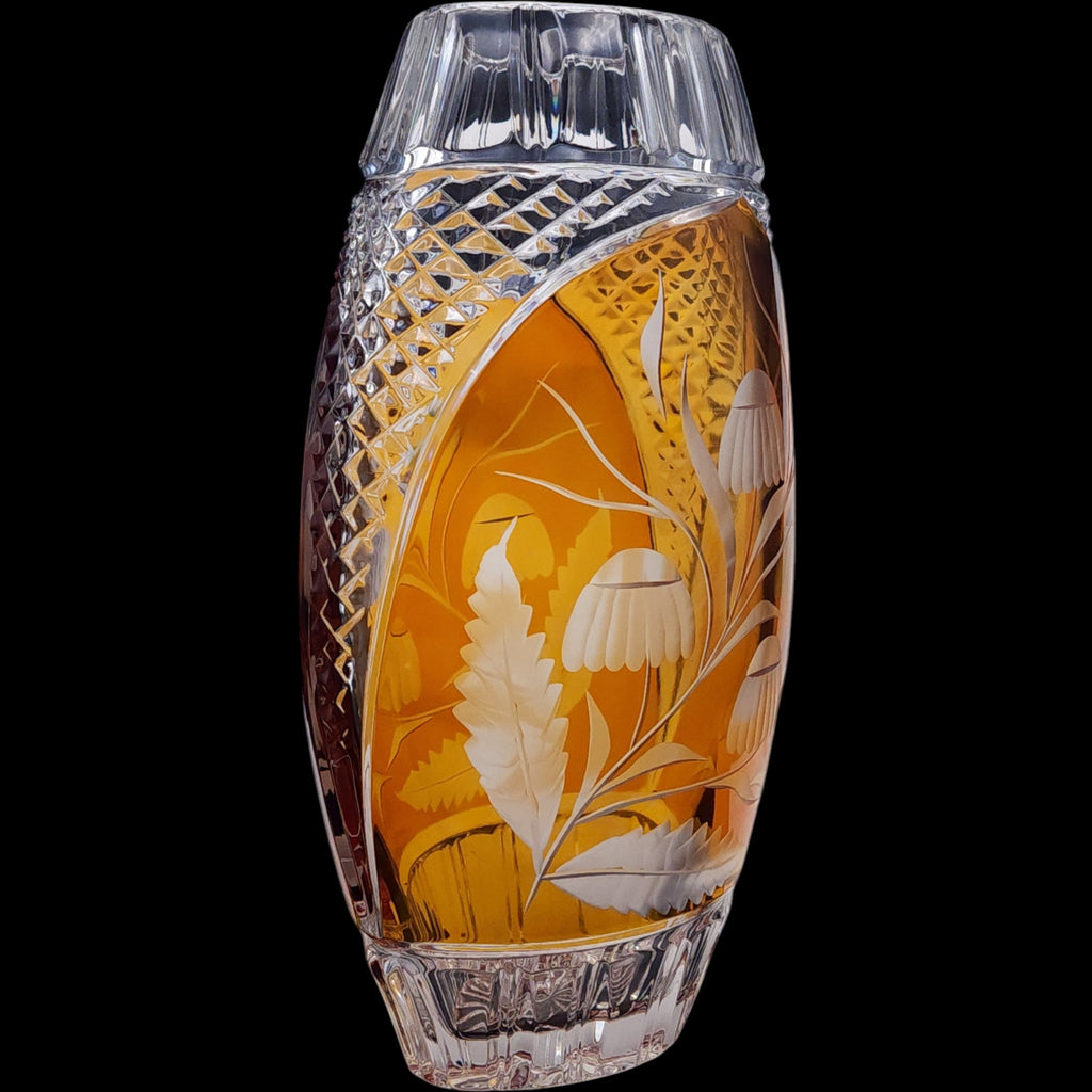 Vintage Julia Crystal Amber Cut to Clear Crystal Floral Oval Vase