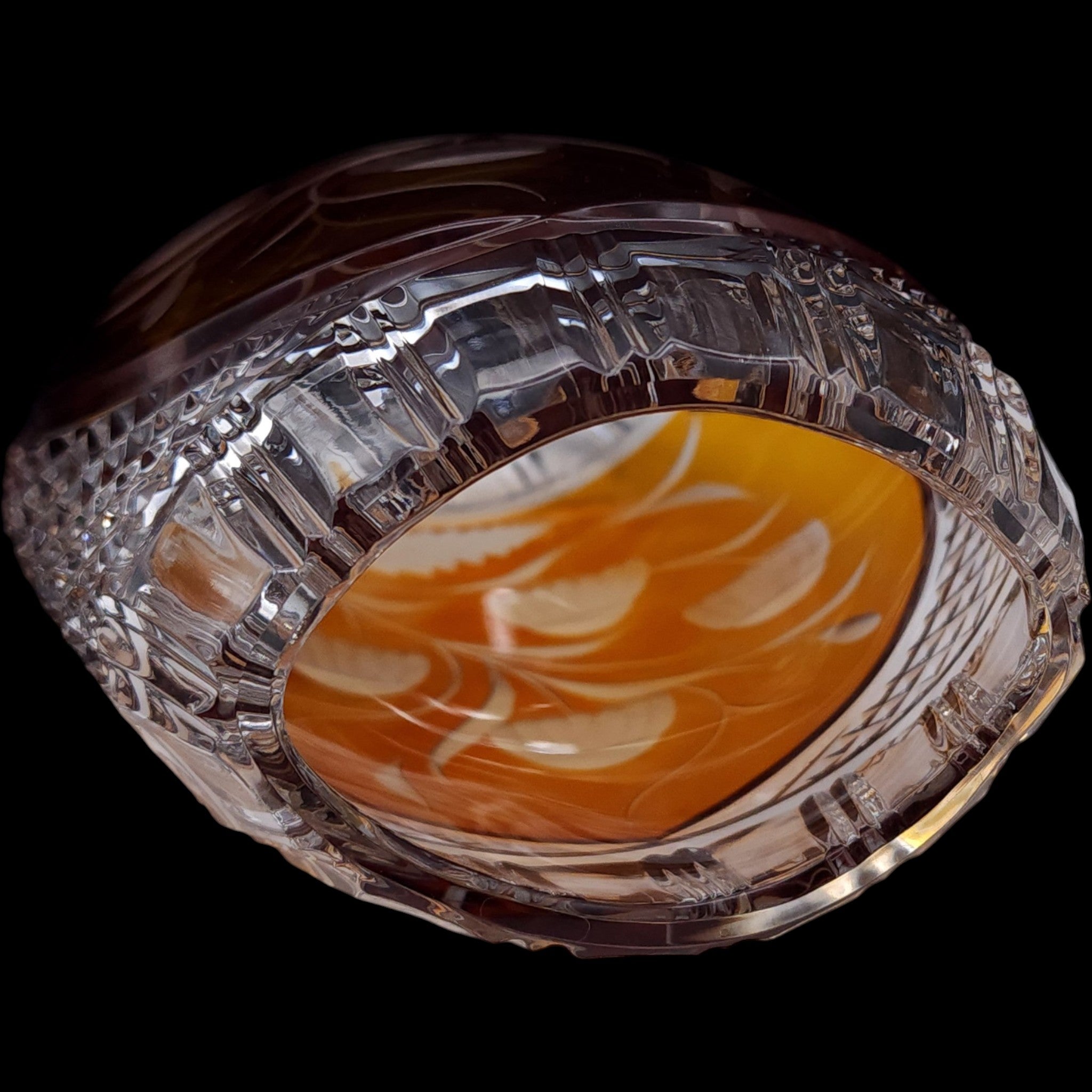 Vintage Julia Crystal Amber Cut to Clear Crystal Floral Oval Vase