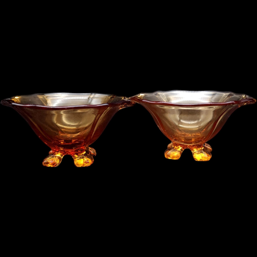 Vintage Amber Glass Footed Salt Dips Pair 3 Inch Open Salt Cellars