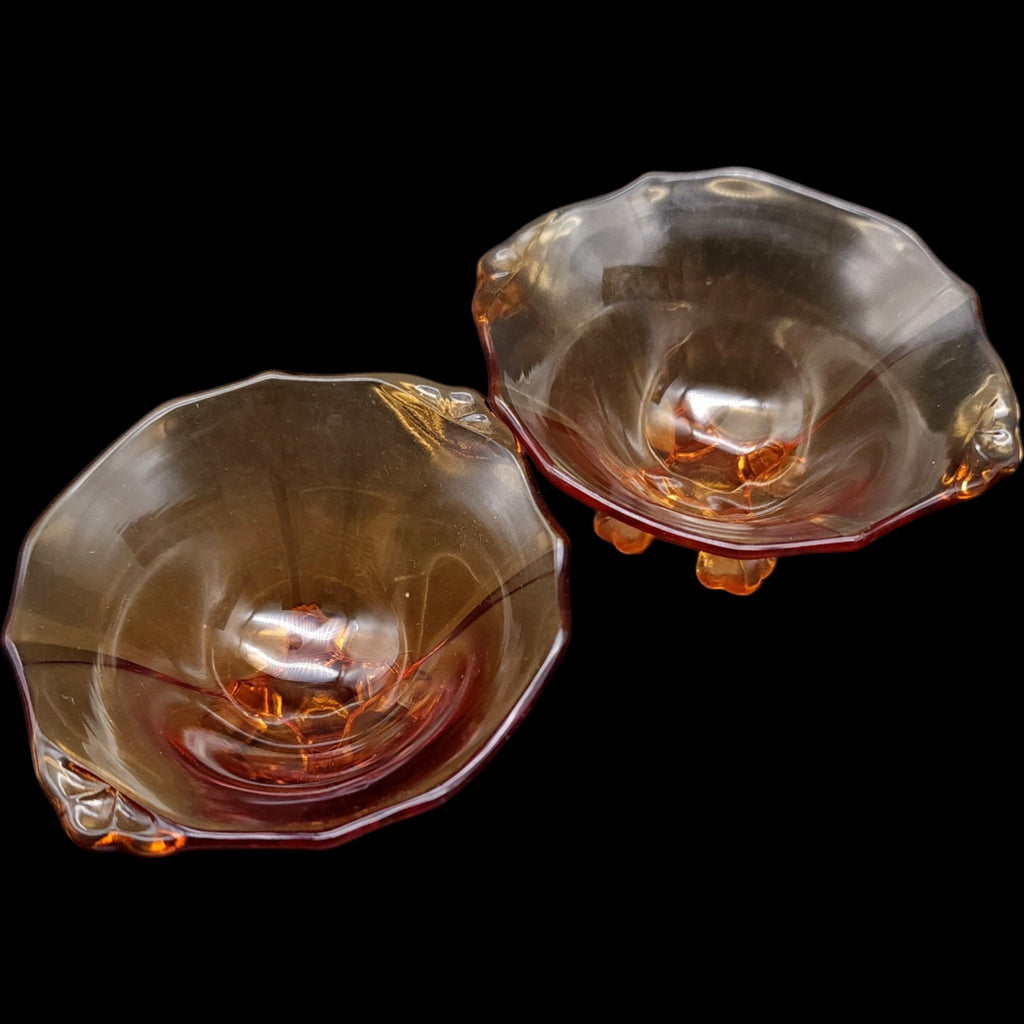 Vintage Amber Glass Footed Salt Dips Pair 3 Inch Open Salt Cellars