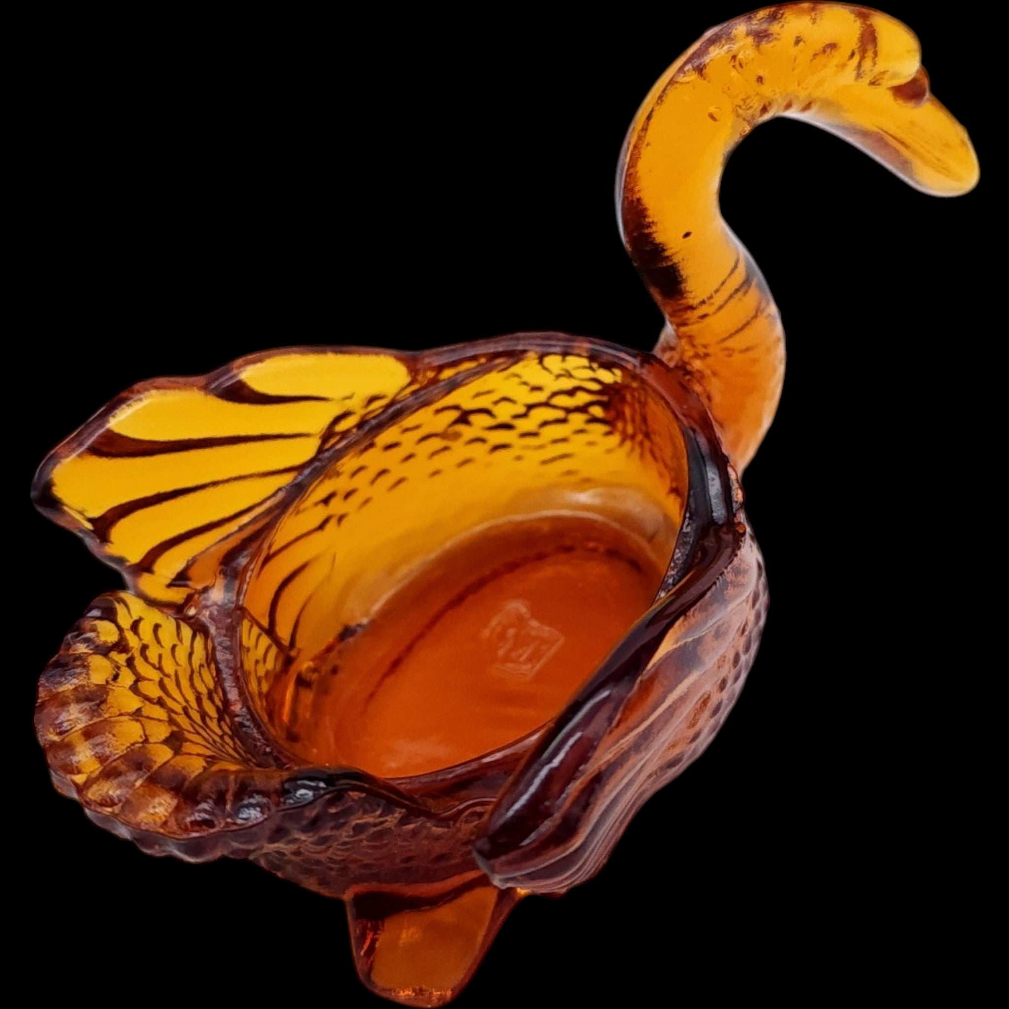Vintage Amber Glass Swan Open Salt Dish & Figurine by Mosser Glass