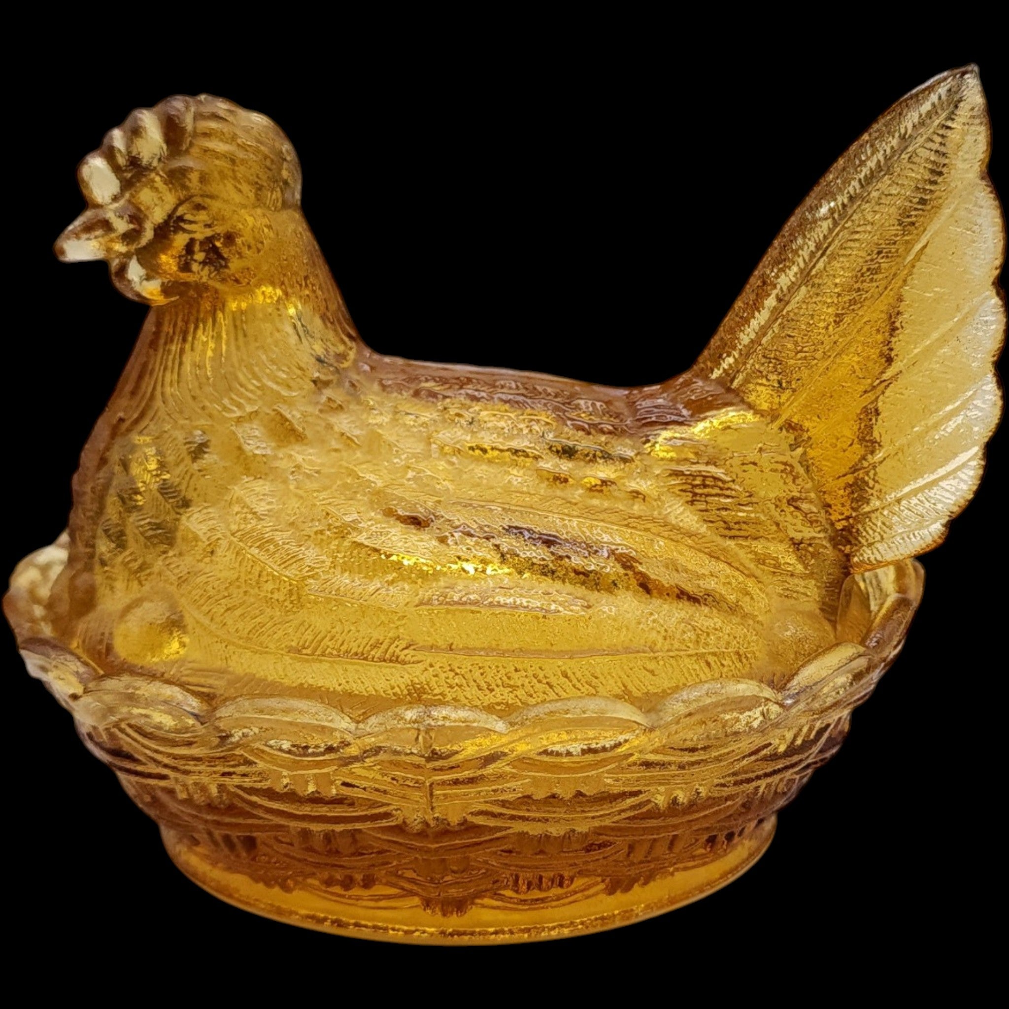 Vintage Amber Pressed Glass Hen on Nest Covered Candy Dish