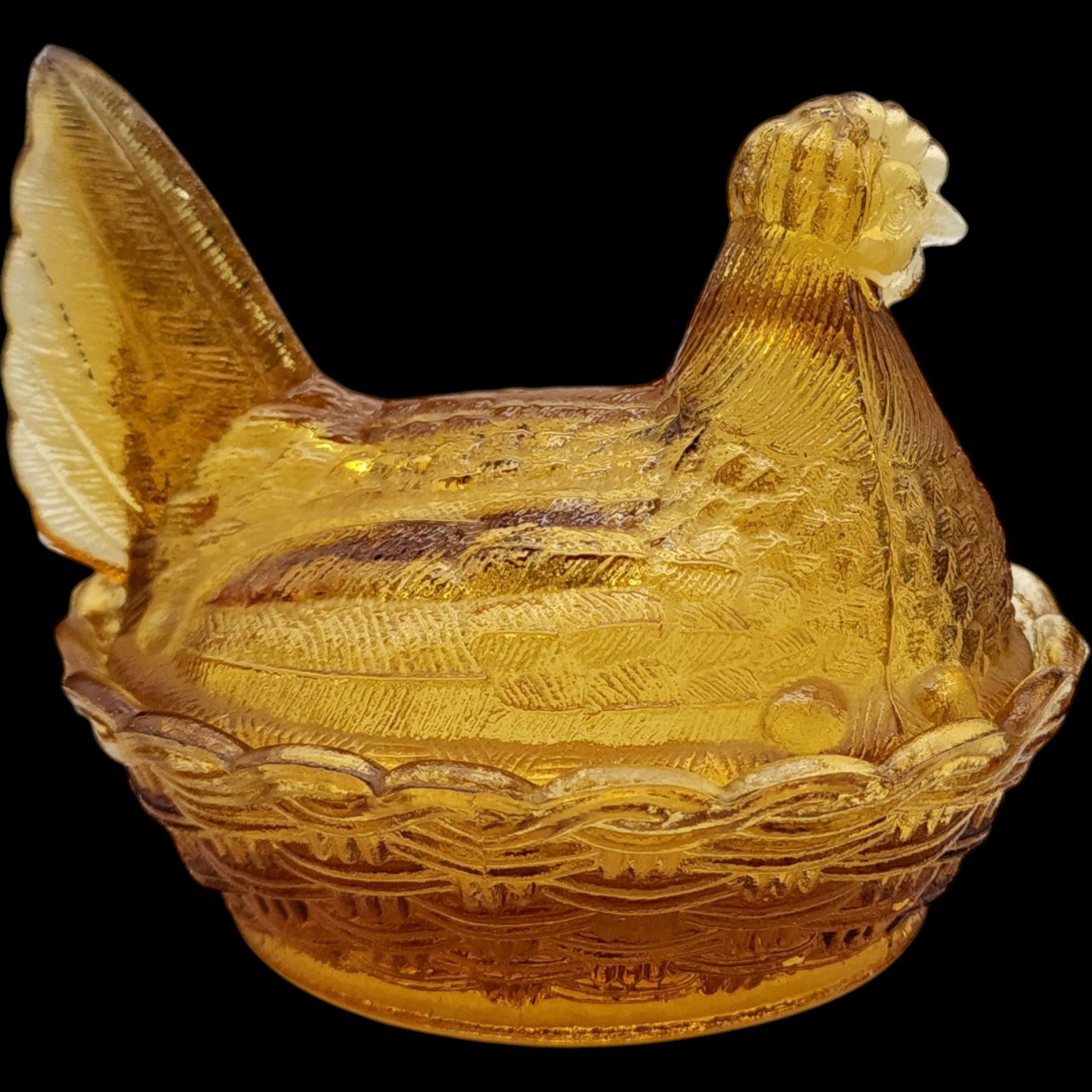 Vintage Amber Pressed Glass Hen on Nest Covered Candy Dish