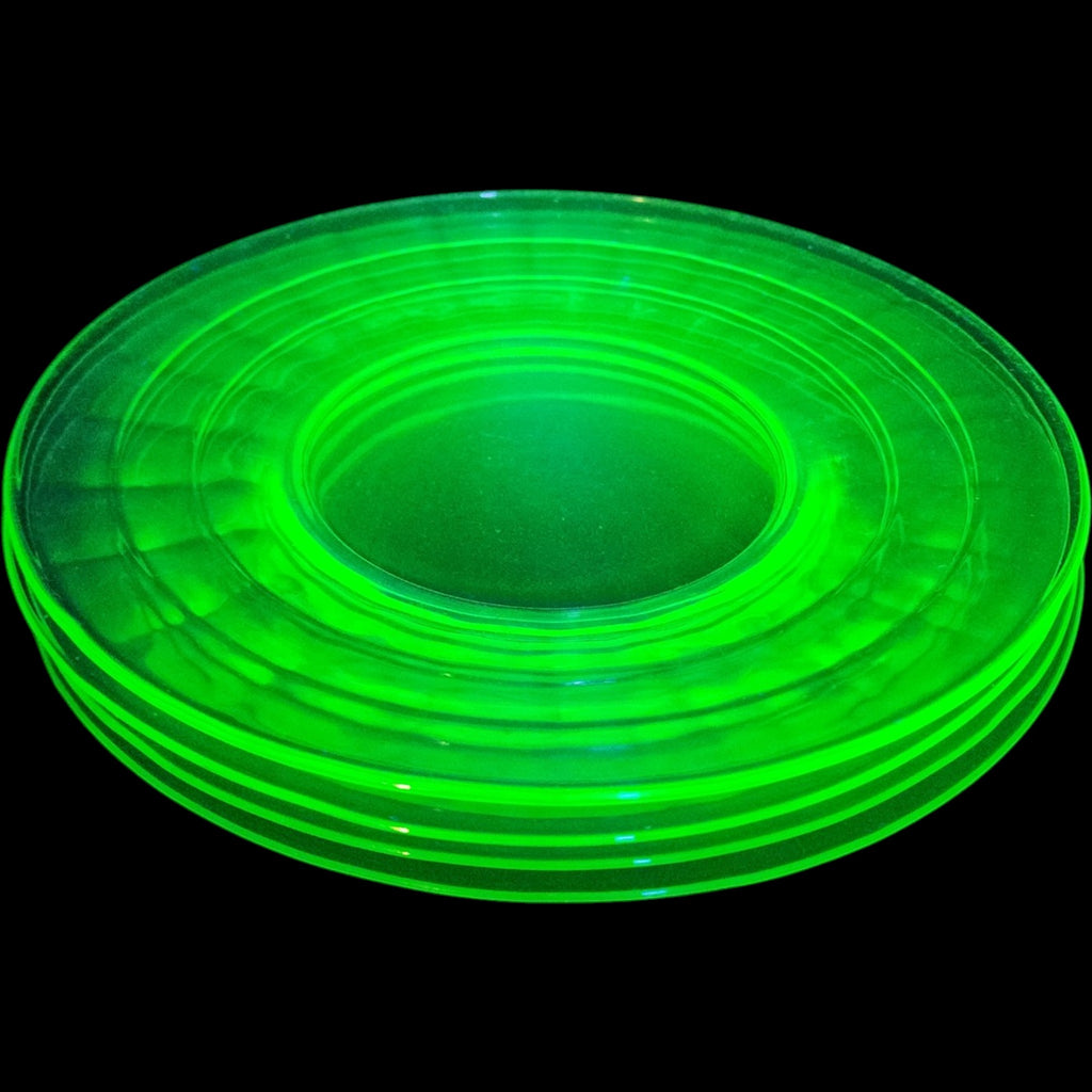 Vintage Anchor Hocking Green Uranium Glass Block Optic Salad Plates - Set of 4