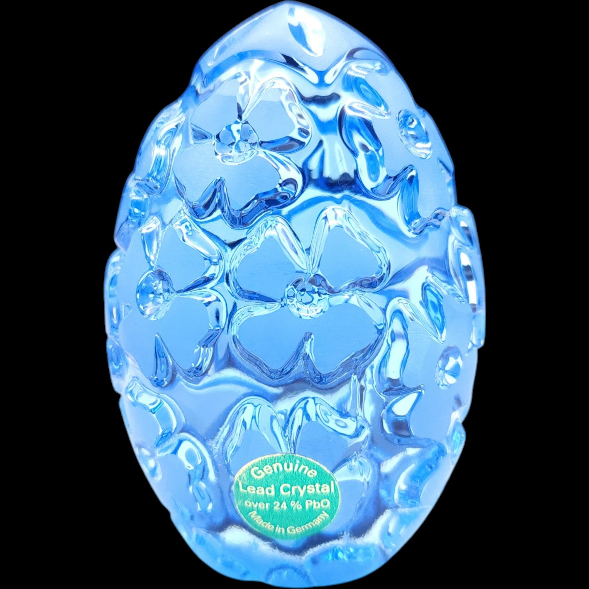 Vintage Aqua Blue Lead Crystal Floral Glass Egg Paperweight