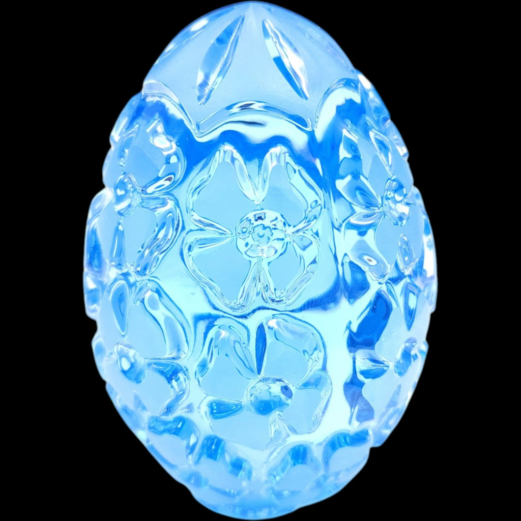 Vintage Aqua Blue Lead Crystal Floral Glass Egg Paperweight