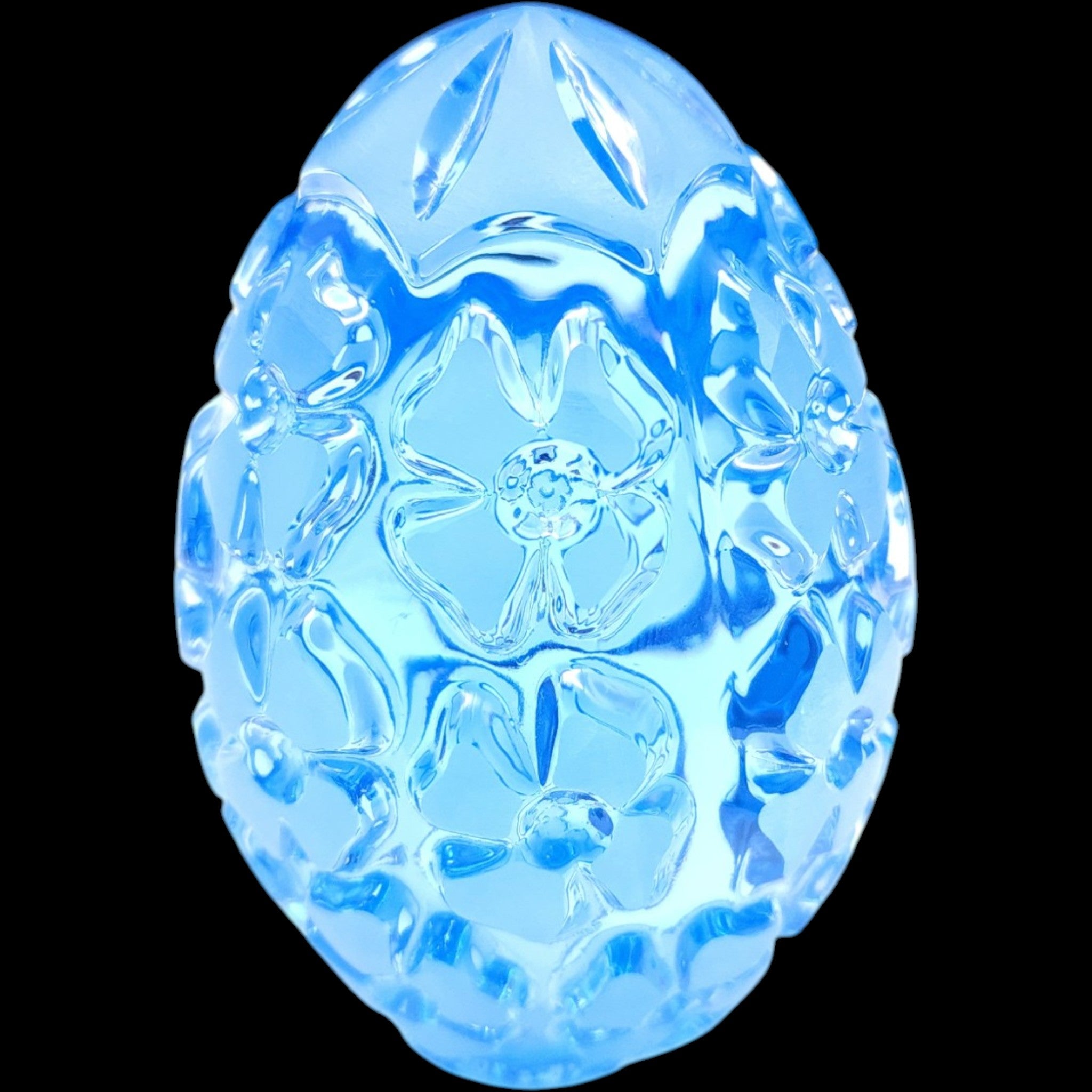 Vintage Aqua Blue Lead Crystal Floral Glass Egg Paperweight