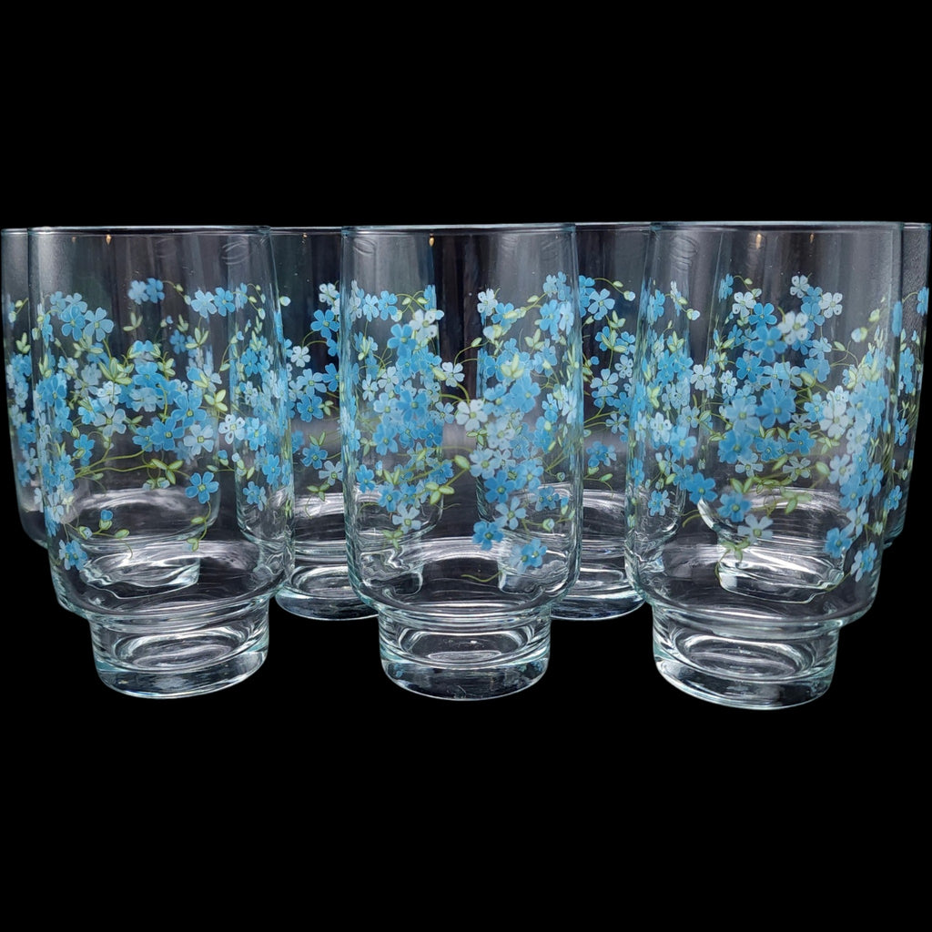 Vintage Arcopal France Veronica Forget Me Not Clear Glass Tumblers - Set of 7