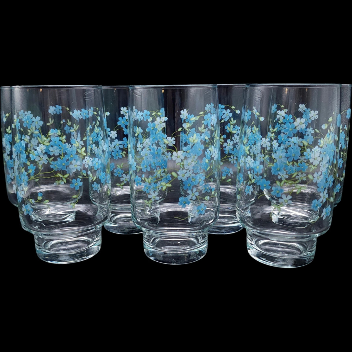 Vintage Arcopal France Veronica Forget Me Not Clear Glass Tumblers - Set of 7