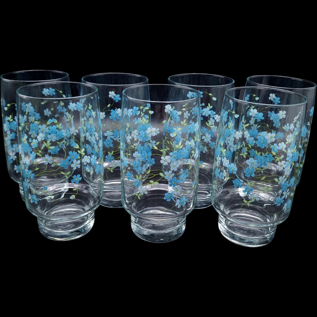 Vintage Arcopal France Veronica Forget Me Not Clear Glass Tumblers - Set of 7