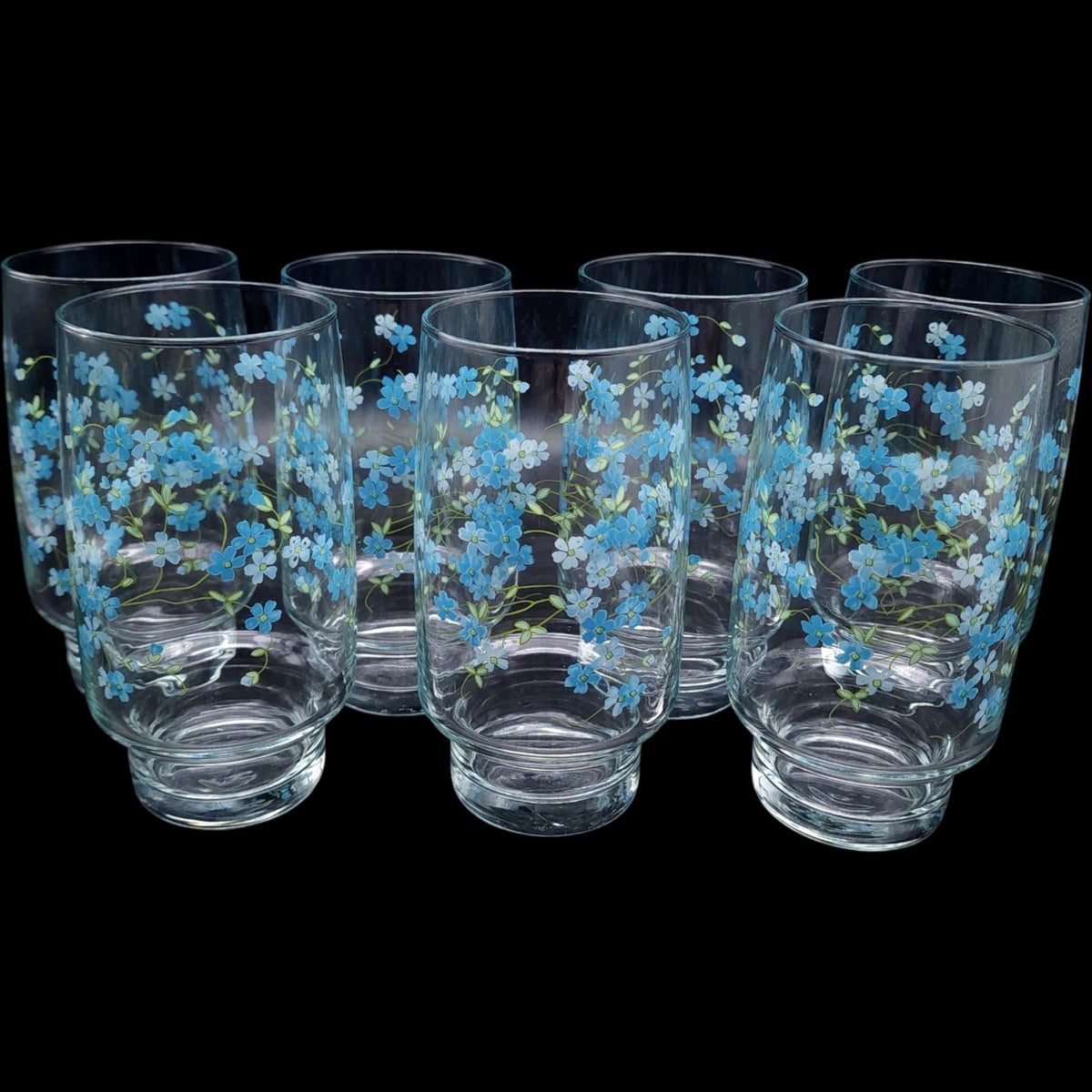 Vintage Arcopal France Veronica Forget Me Not Clear Glass Tumblers - Set of 7