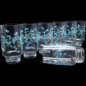 Vintage Arcopal France Veronica Forget Me Not Clear Glass Tumblers - Set of 7