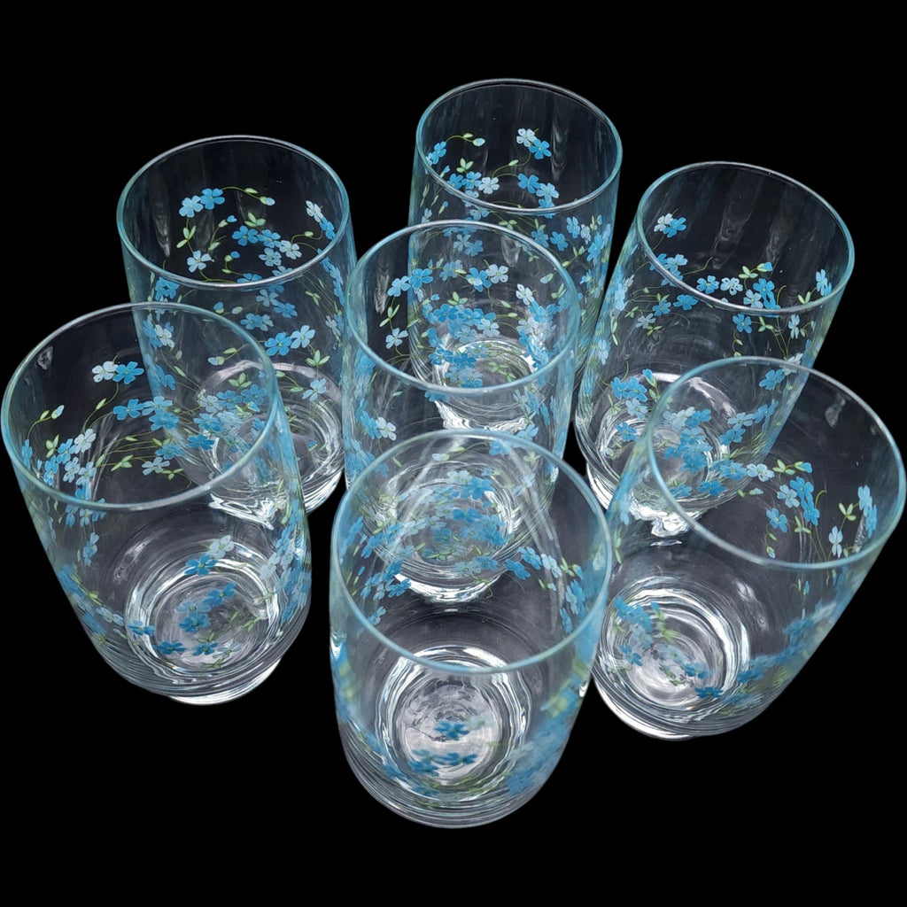 Vintage Arcopal France Veronica Forget Me Not Clear Glass Tumblers - Set of 7