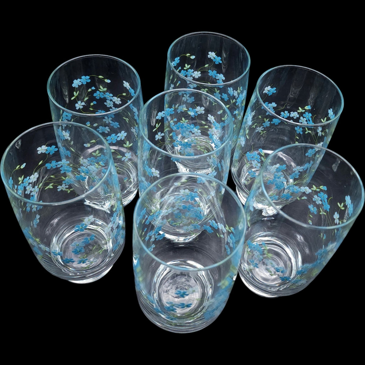 Vintage Arcopal France Veronica Forget Me Not Clear Glass Tumblers - Set of 7