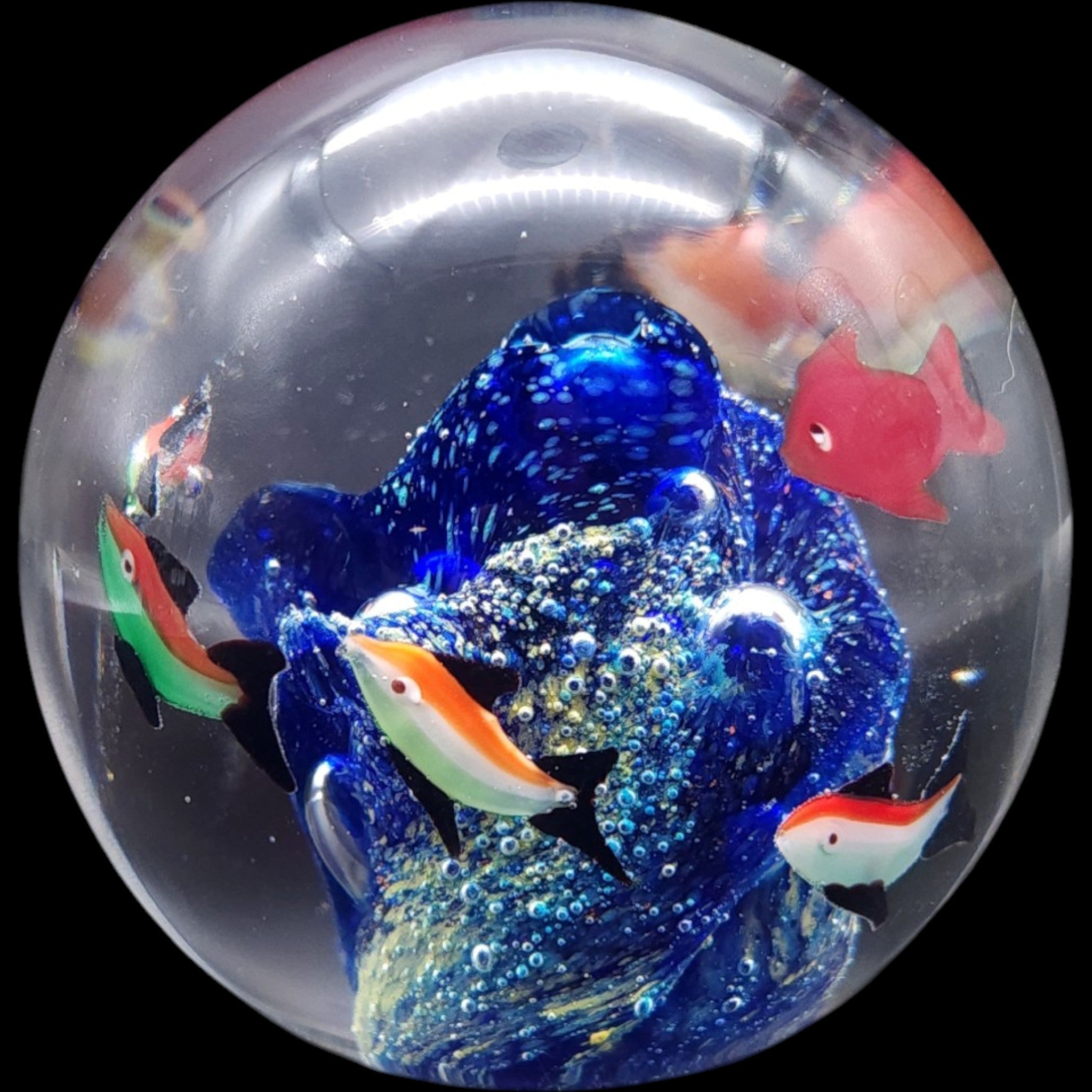 Vintage Art Glass Aquarium Paperweight Tropical Fish Coral Reef Orb