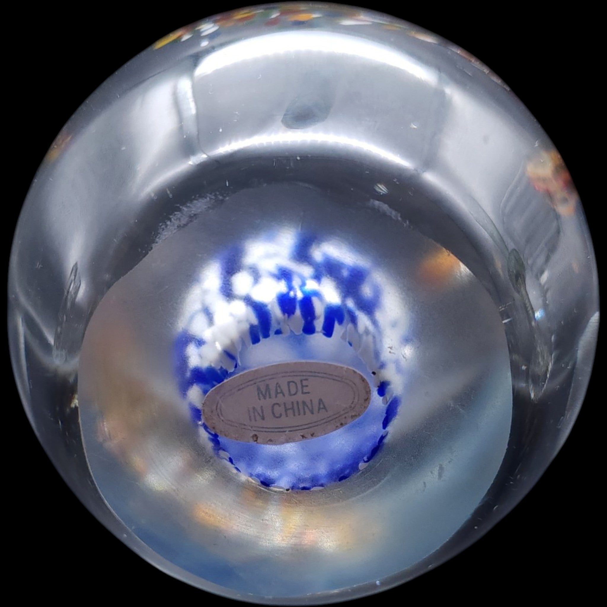 Vintage Art Glass Paperweight Blue White Spatter Feather Orb
