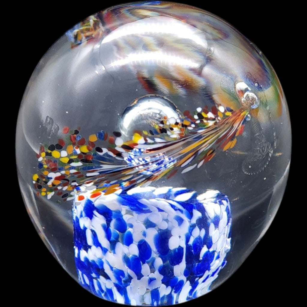 Vintage Art Glass Paperweight Blue White Spatter Feather Orb