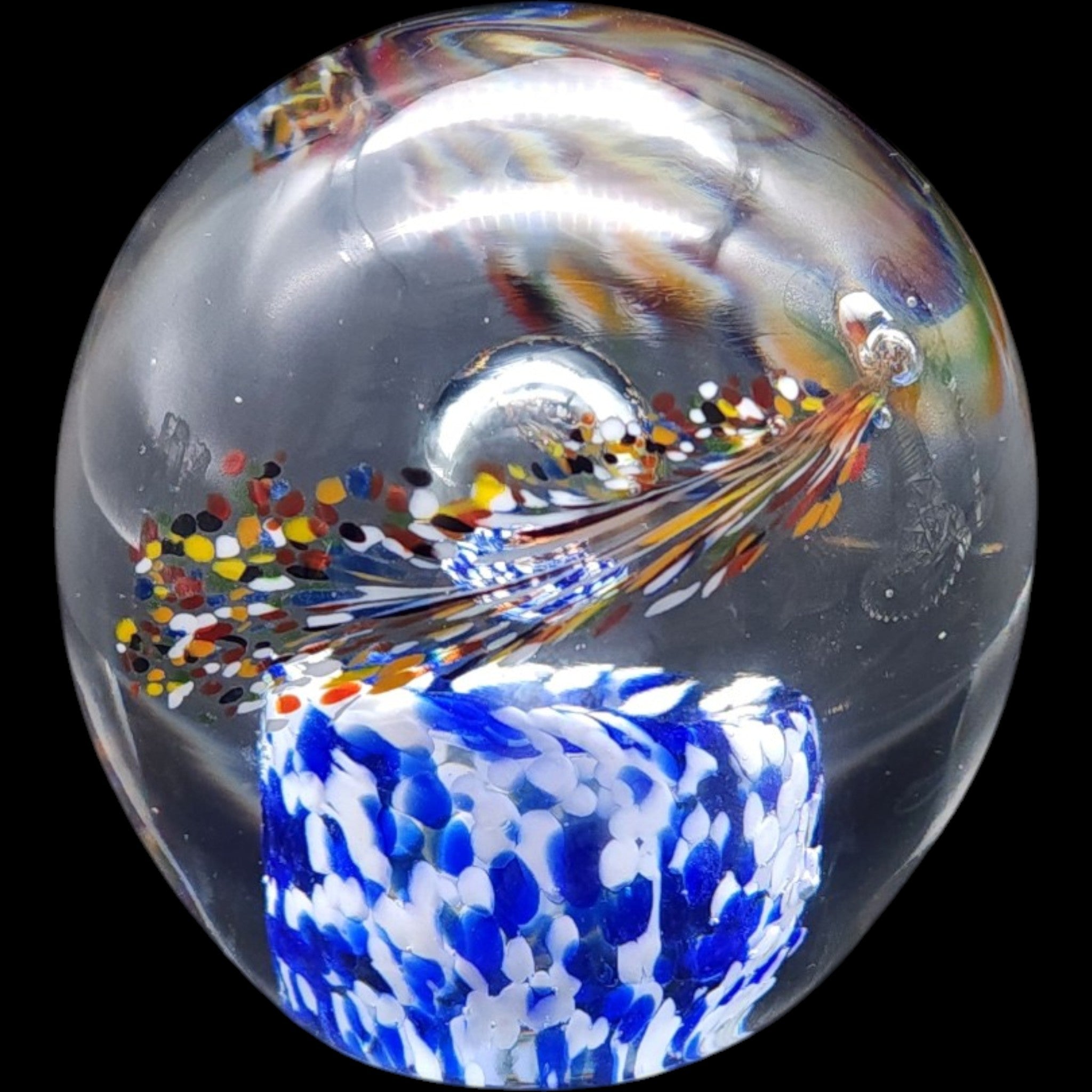 Vintage Art Glass Paperweight Blue White Spatter Feather Orb