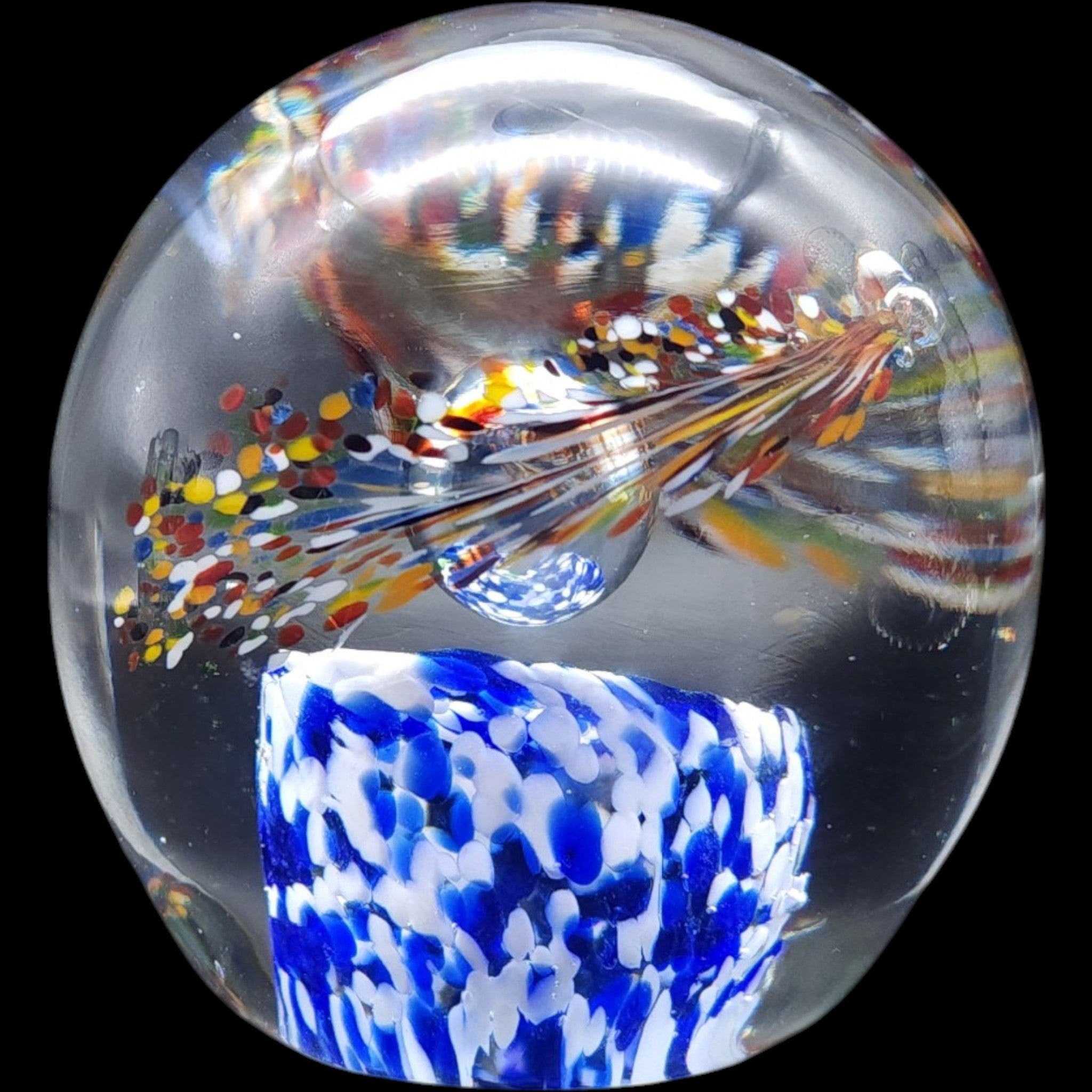 Vintage Art Glass Paperweight Blue White Spatter Feather Orb