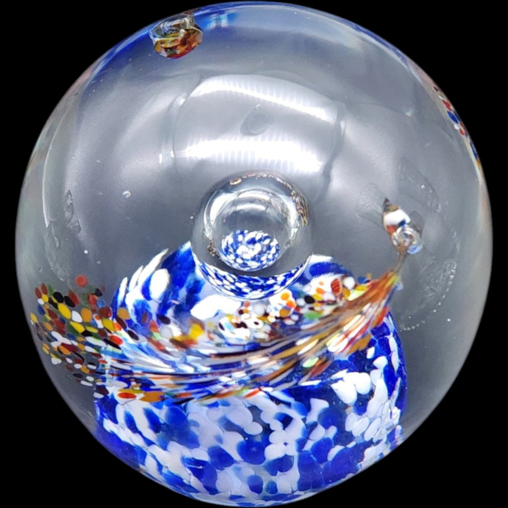 Vintage Art Glass Paperweight Blue White Spatter Feather Orb