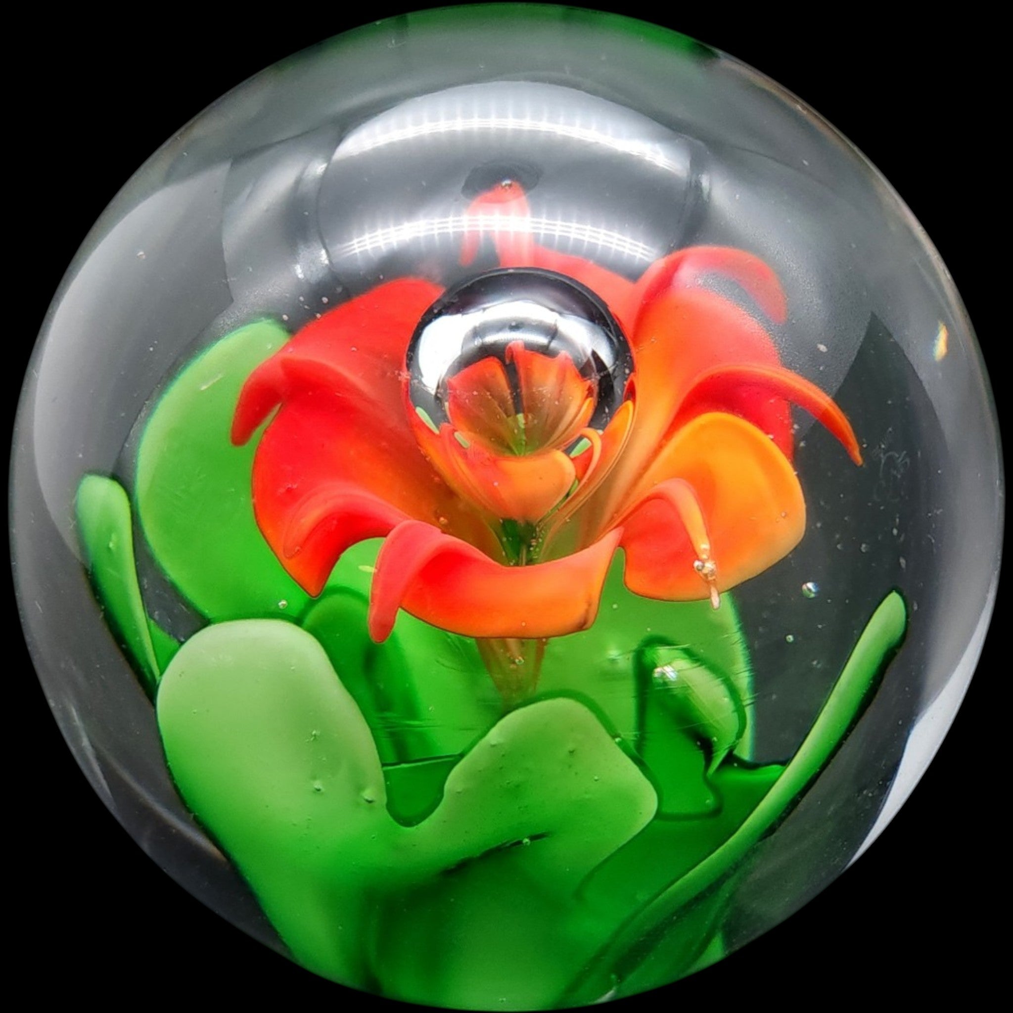 Vintage Art Glass Paperweight Red Orange Flower Controlled Bubble Green Leaves