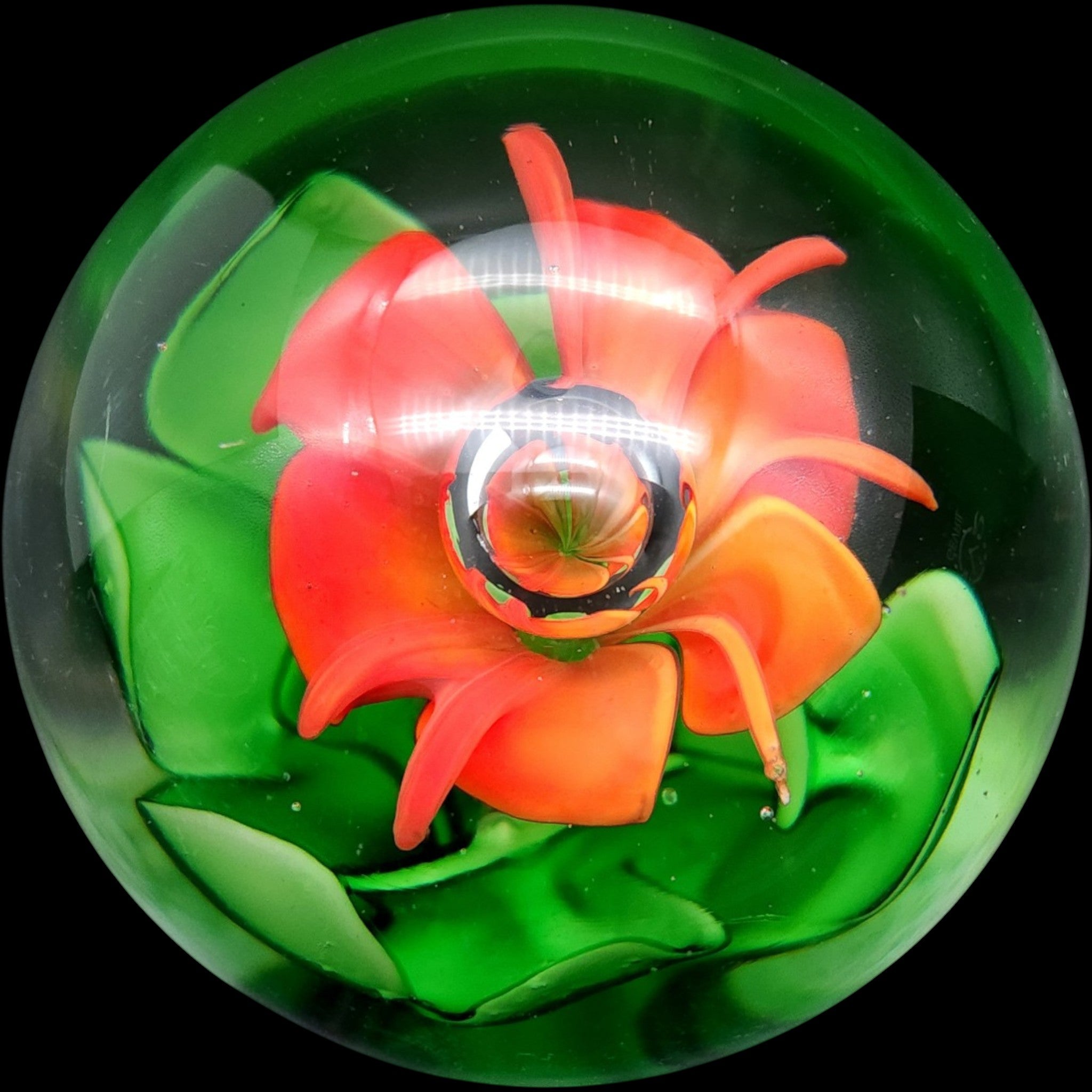 Vintage Art Glass Paperweight Red Orange Flower Controlled Bubble Green Leaves