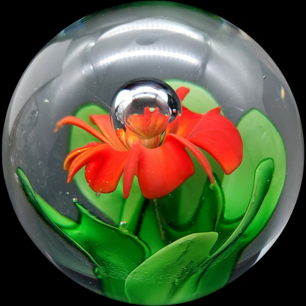 Vintage Art Glass Paperweight Red Orange Flower Controlled Bubble Green Leaves