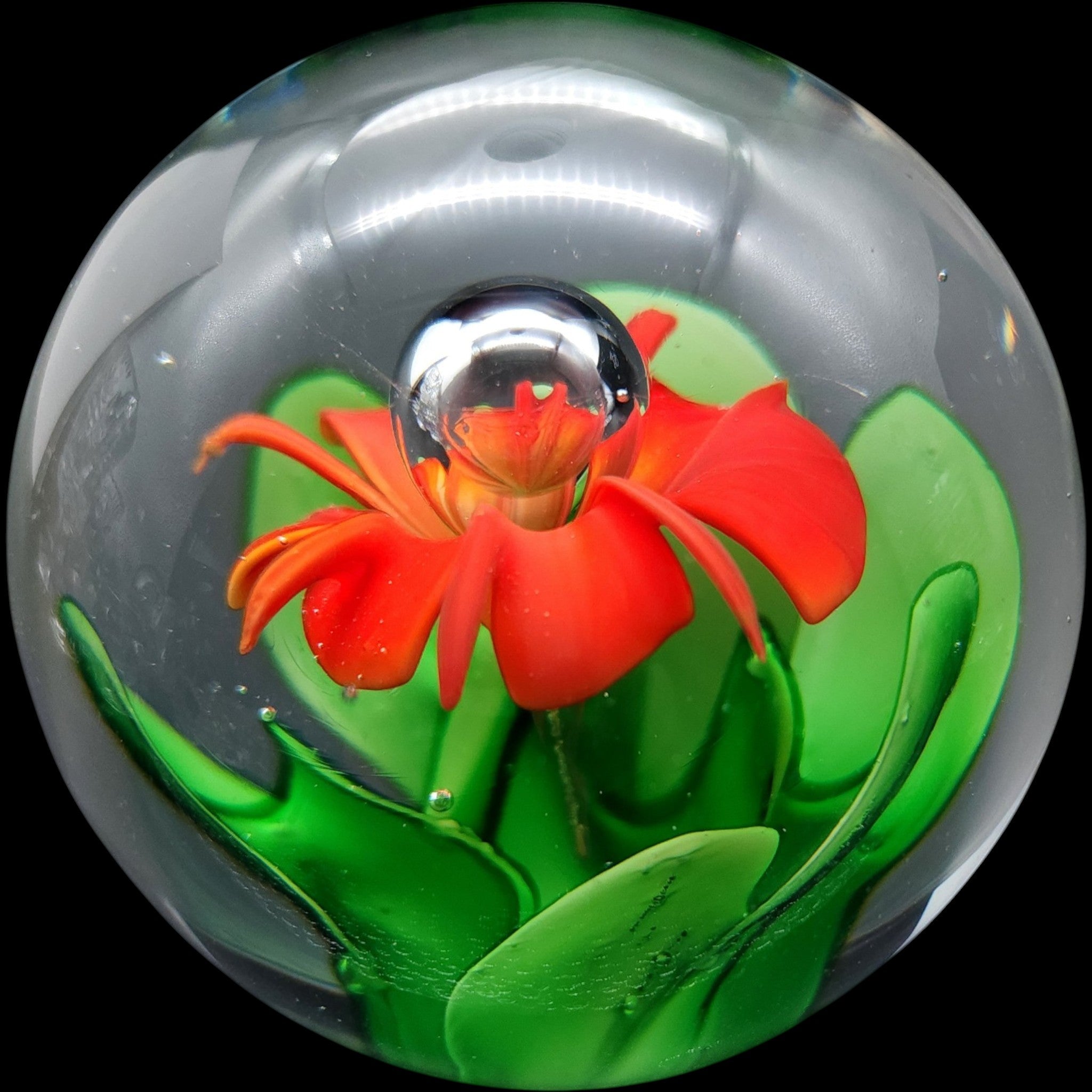 Vintage Art Glass Paperweight Red Orange Flower Controlled Bubble Green Leaves