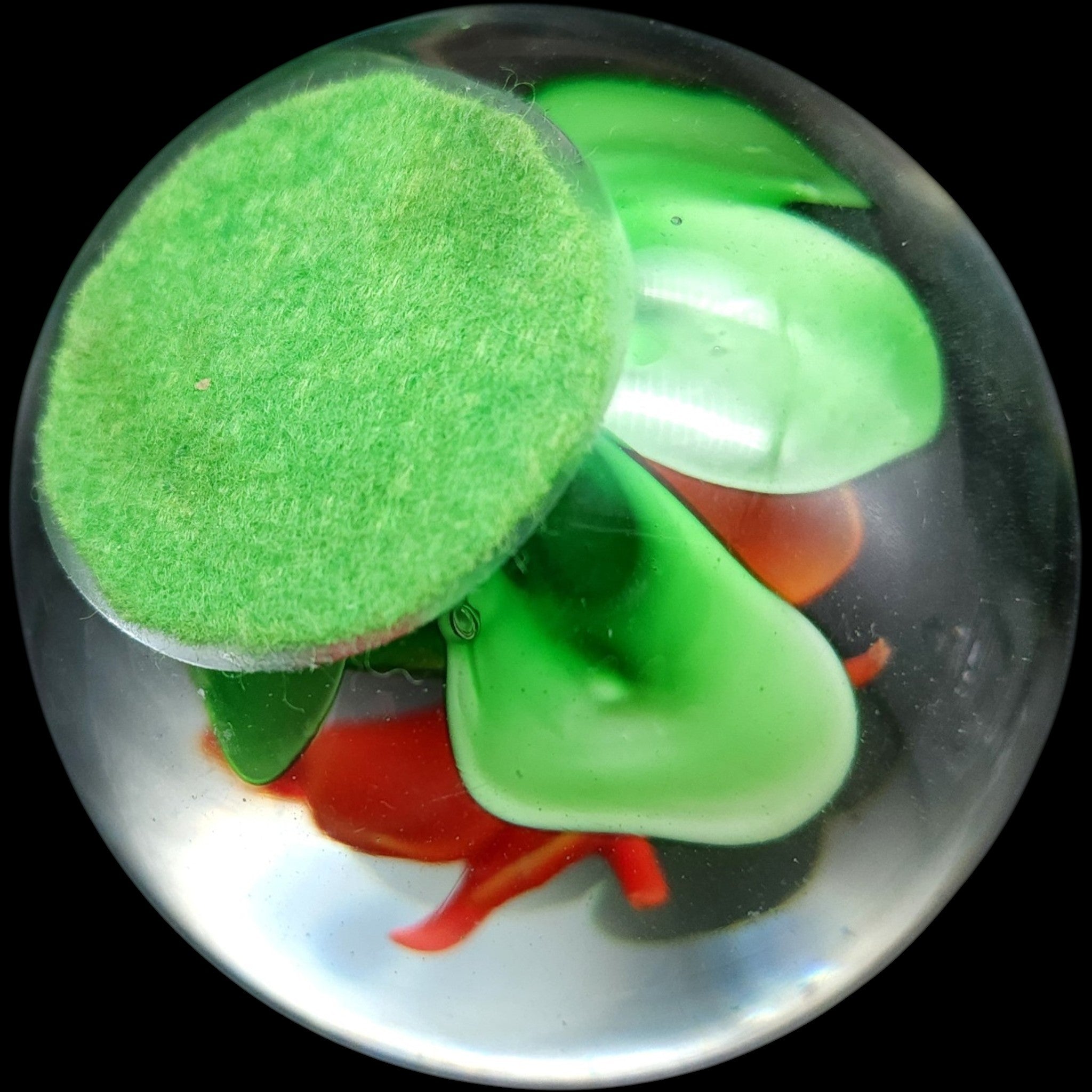 Vintage Art Glass Paperweight Red Orange Flower Controlled Bubble Green Leaves