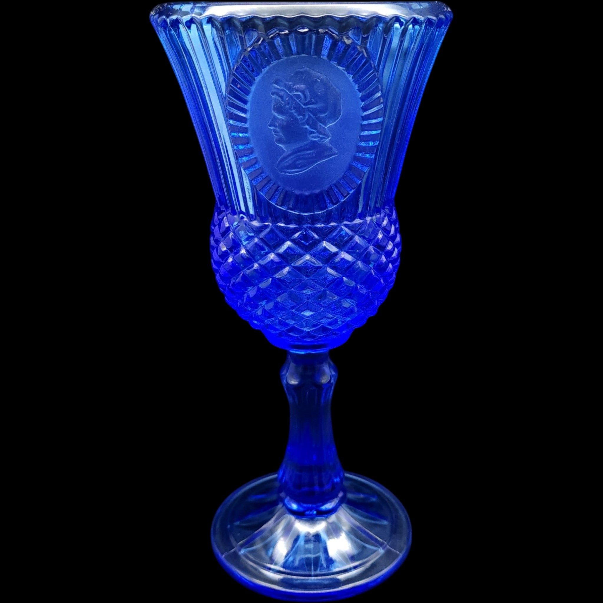 Avon Fostoria Cobalt Blue Glass Cameo Goblet Candleholder Martha Washington