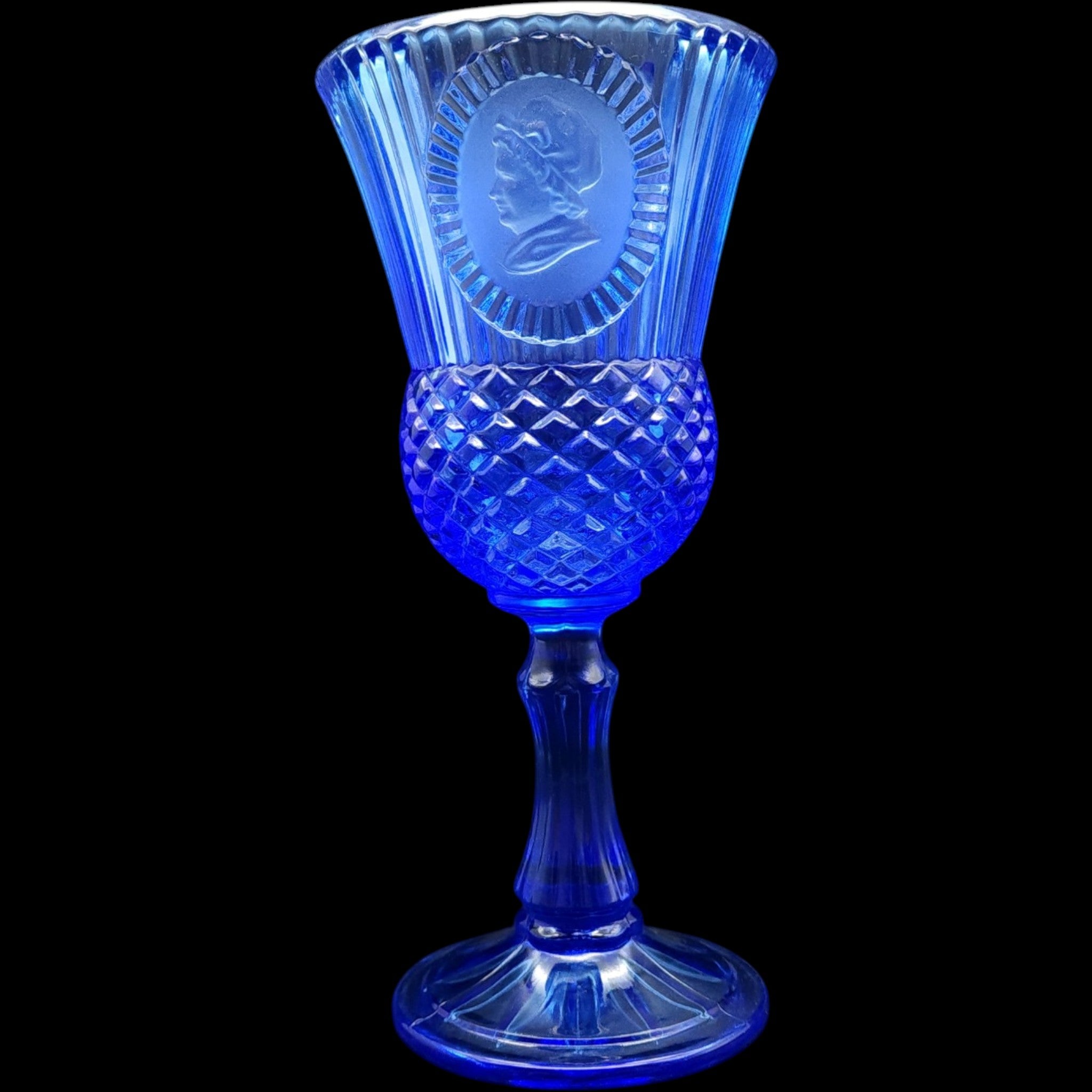 Avon Fostoria Cobalt Blue Glass Cameo Goblet Candleholder Martha Washington