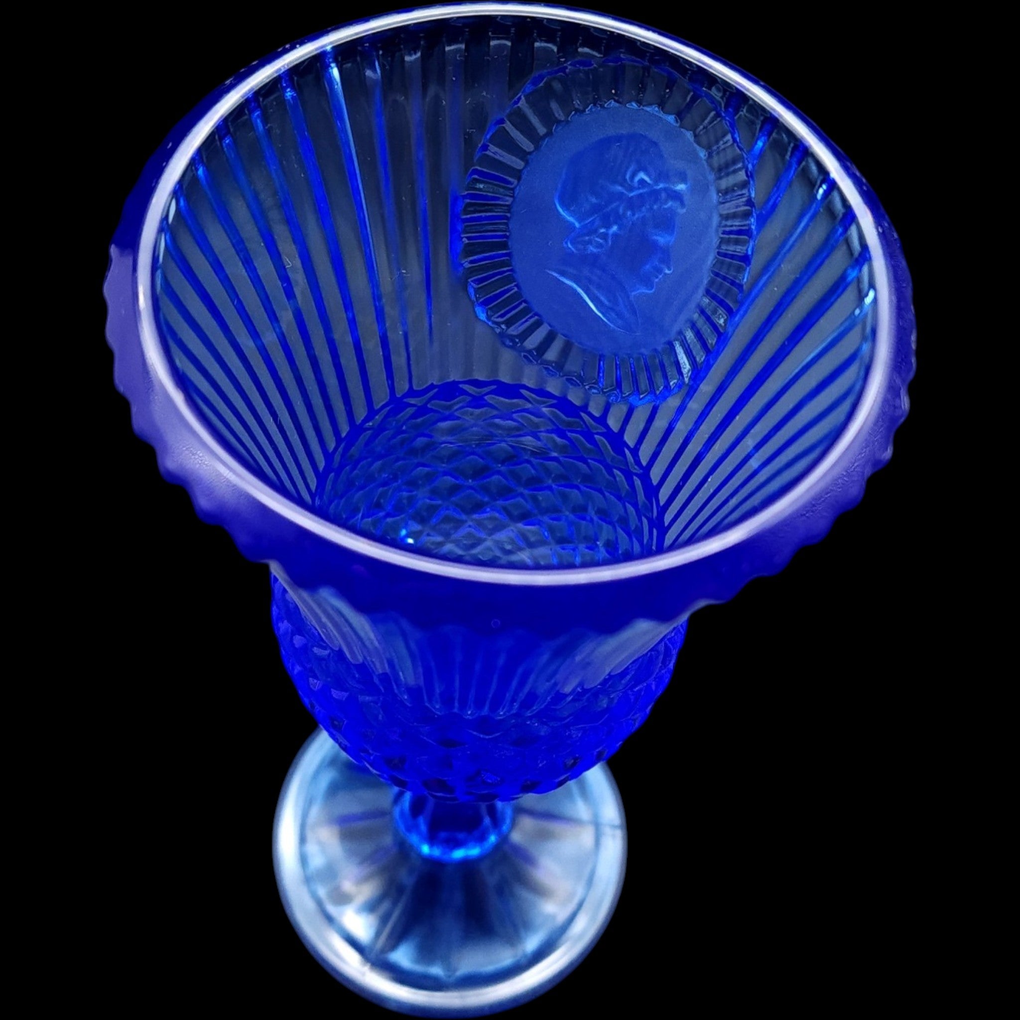 Avon Fostoria Cobalt Blue Glass Cameo Goblet Candleholder Martha Washington