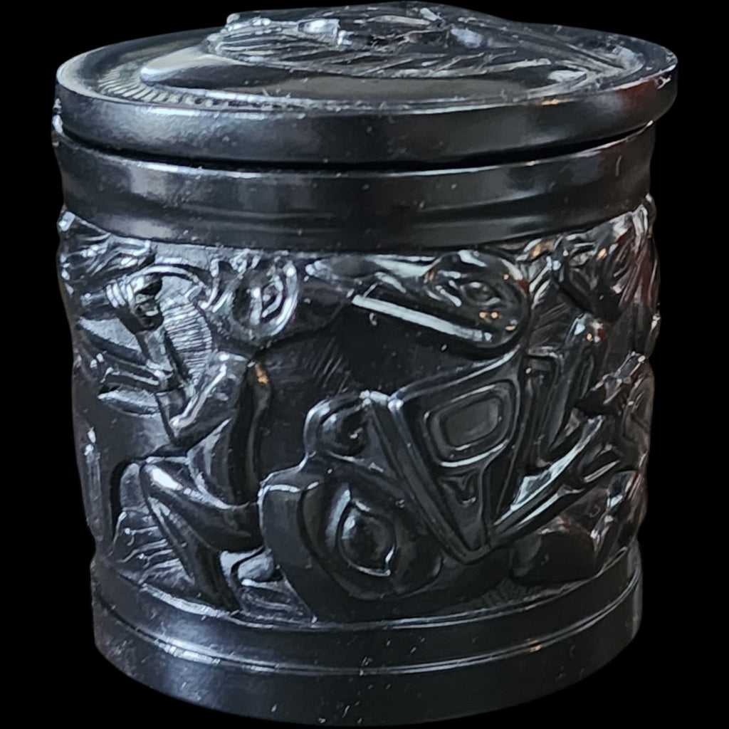 Vintage BOMA Canadian Indigenous Style Black Carved Lidded Trinket Box