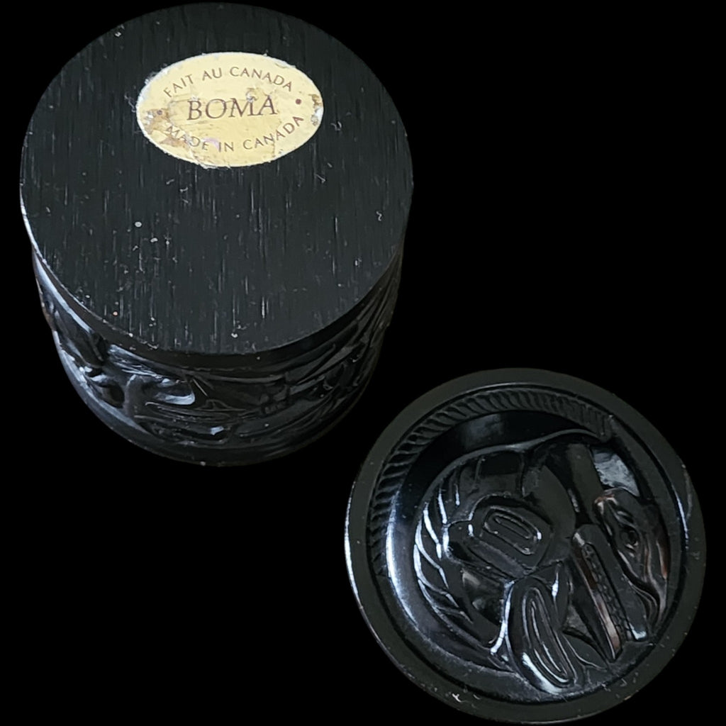 Vintage BOMA Canadian Indigenous Style Black Carved Lidded Trinket Box