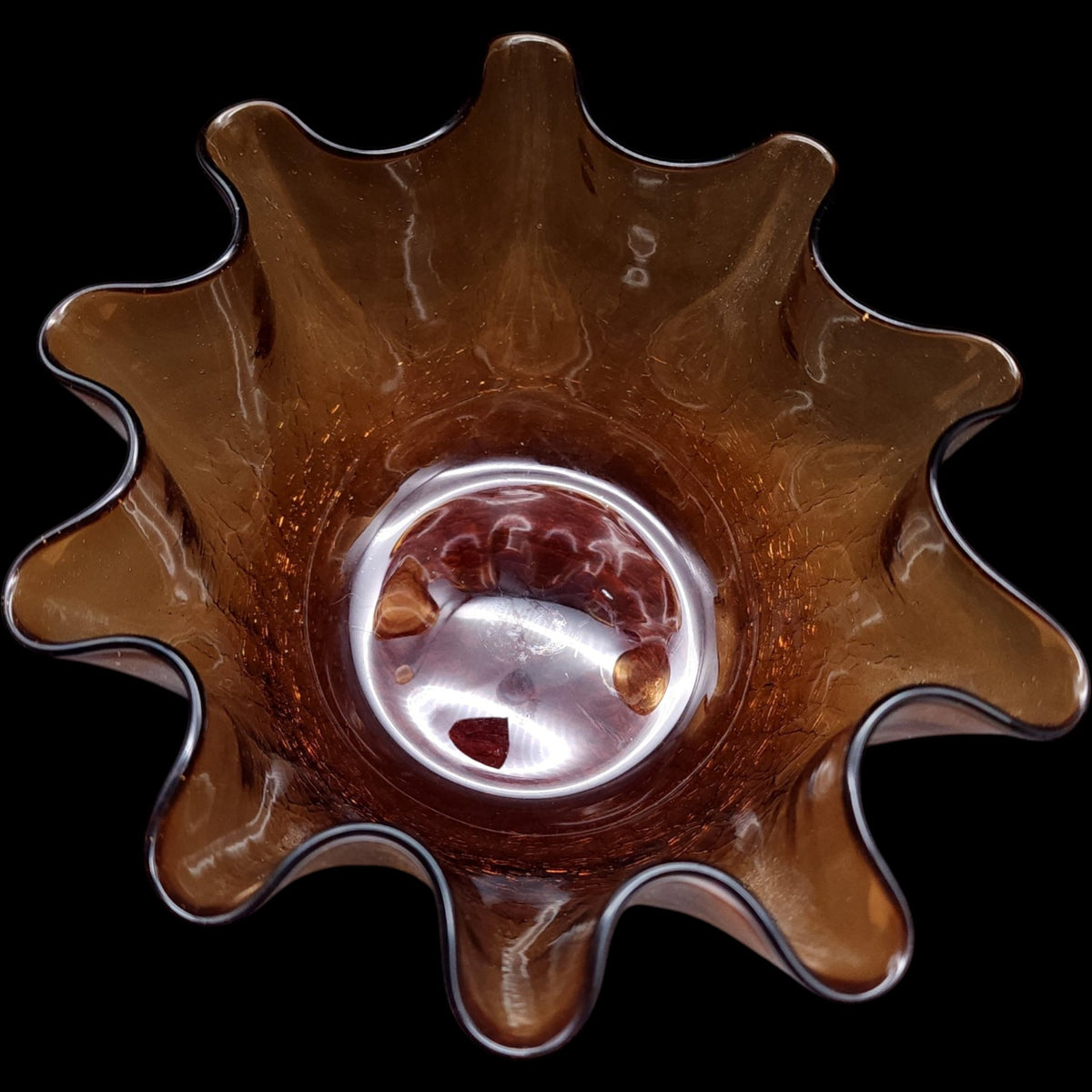 Vintage Bischoff Amber Crackle Glass Ruffled Centerpiece Bowl