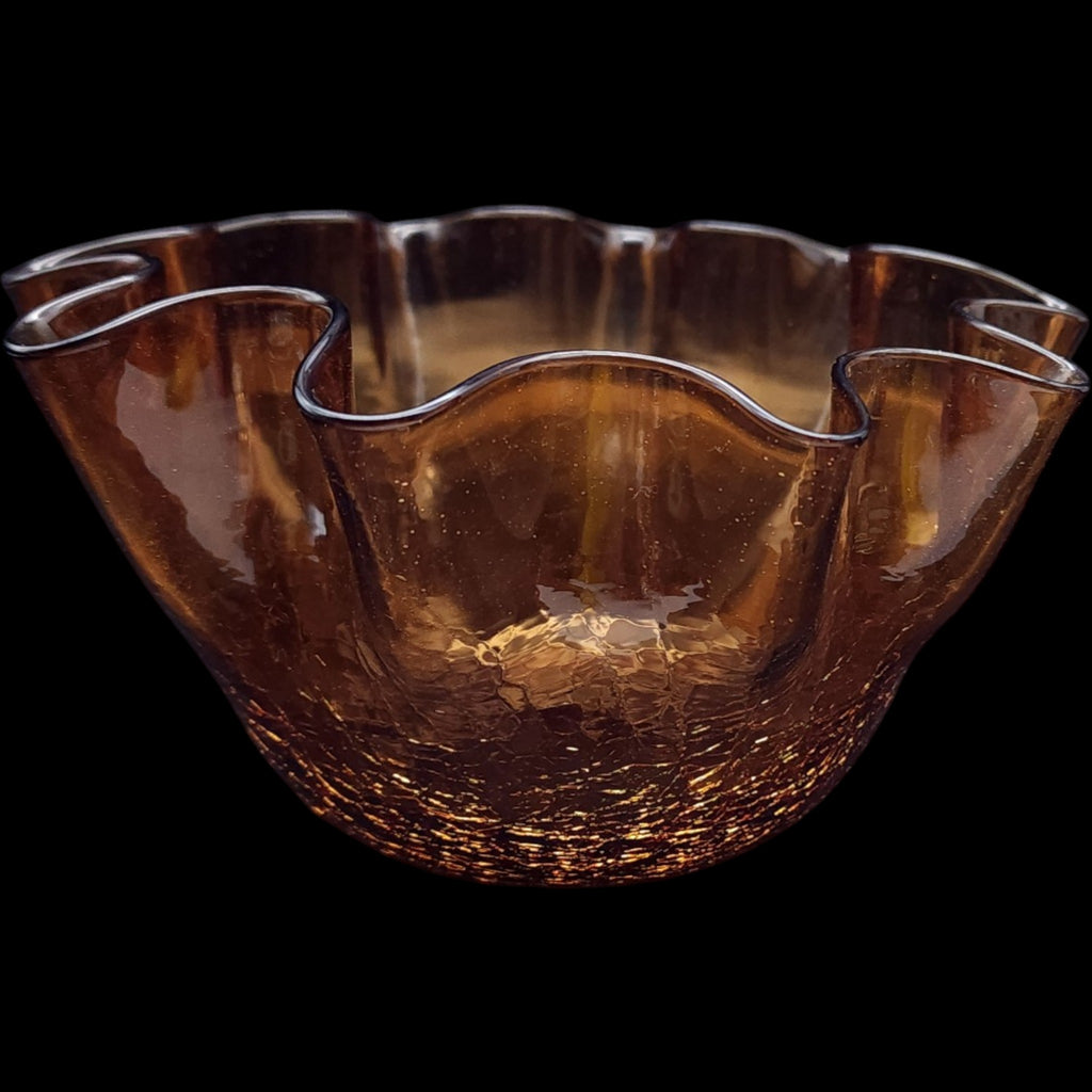 Vintage Bischoff Amber Crackle Glass Ruffled Centerpiece Bowl