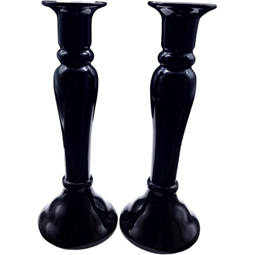 Vintage Black Glass Taper Candle Holders - Pair