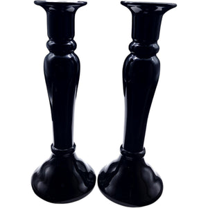 Vintage Black Glass Taper Candle Holders - Pair
