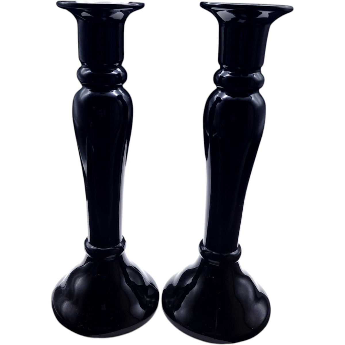 Vintage Black Glass Taper Candle Holders - Pair