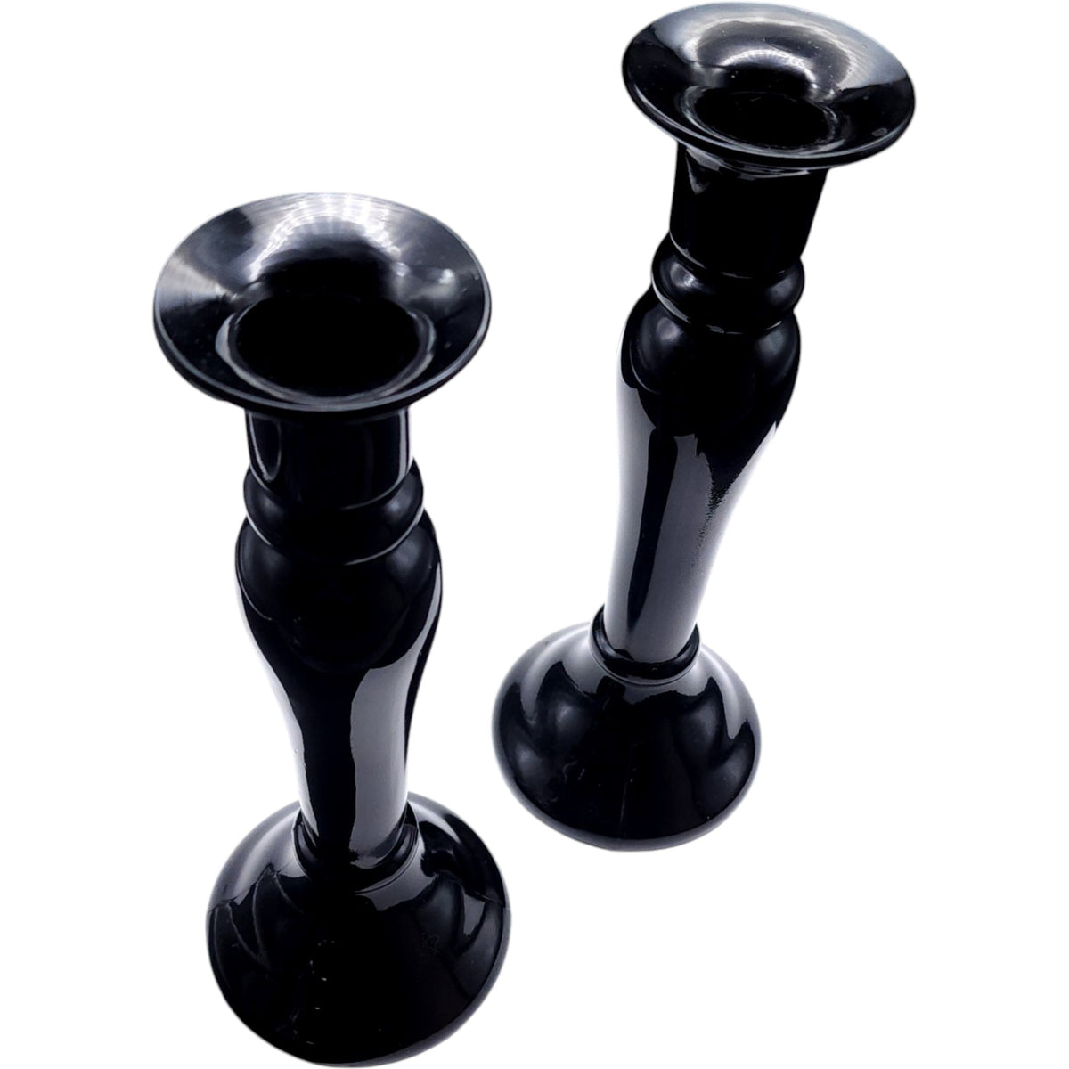 Vintage Black Glass Taper Candle Holders - Pair
