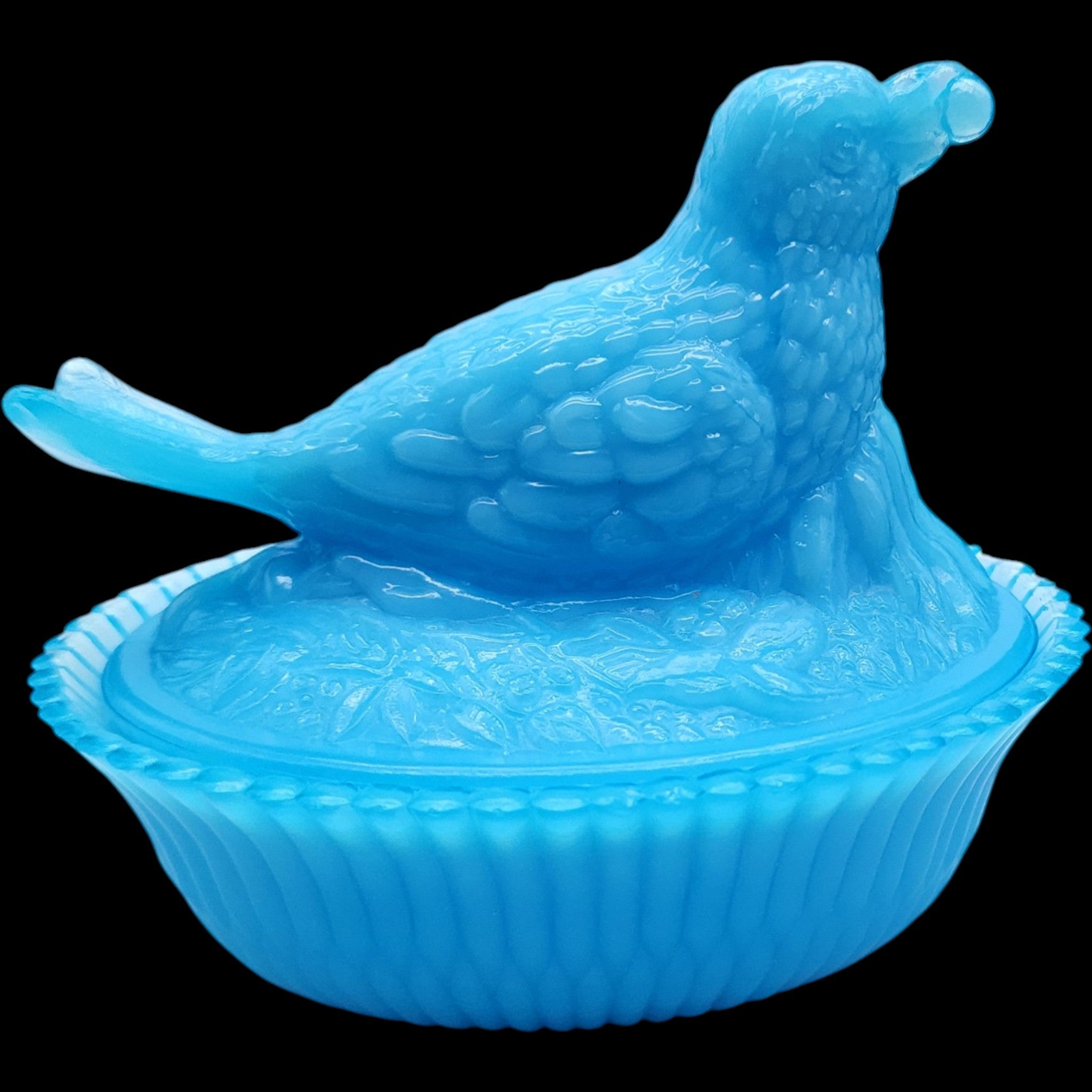 Vintage Blue Slag Milk Glass Bird on Nest Covered Candy Dish