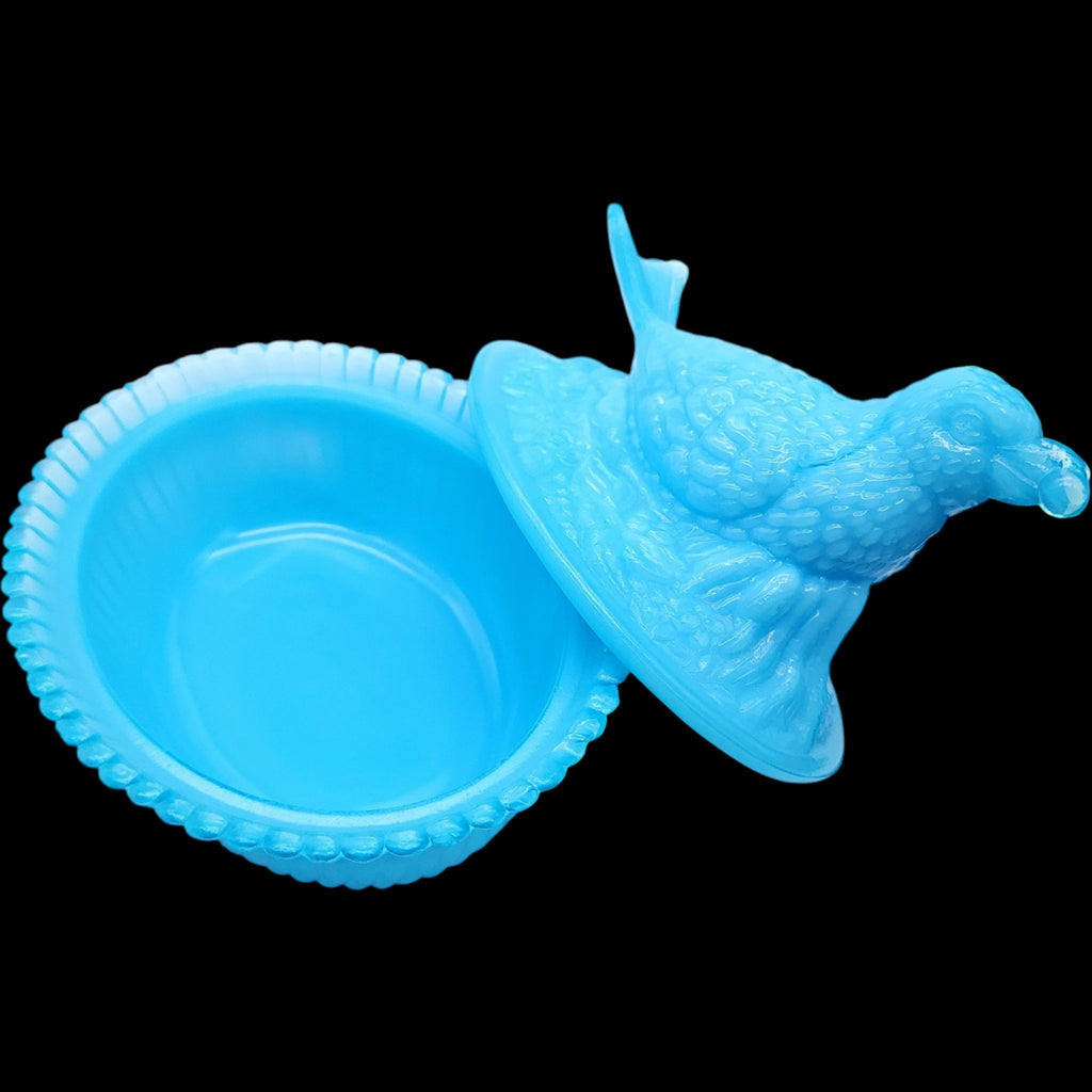 Vintage Blue Slag Milk Glass Bird on Nest Covered Candy Dish