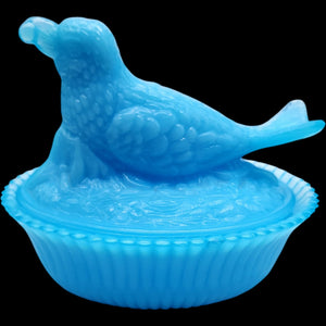 Vintage Blue Slag Milk Glass Bird on Nest Covered Candy Dish